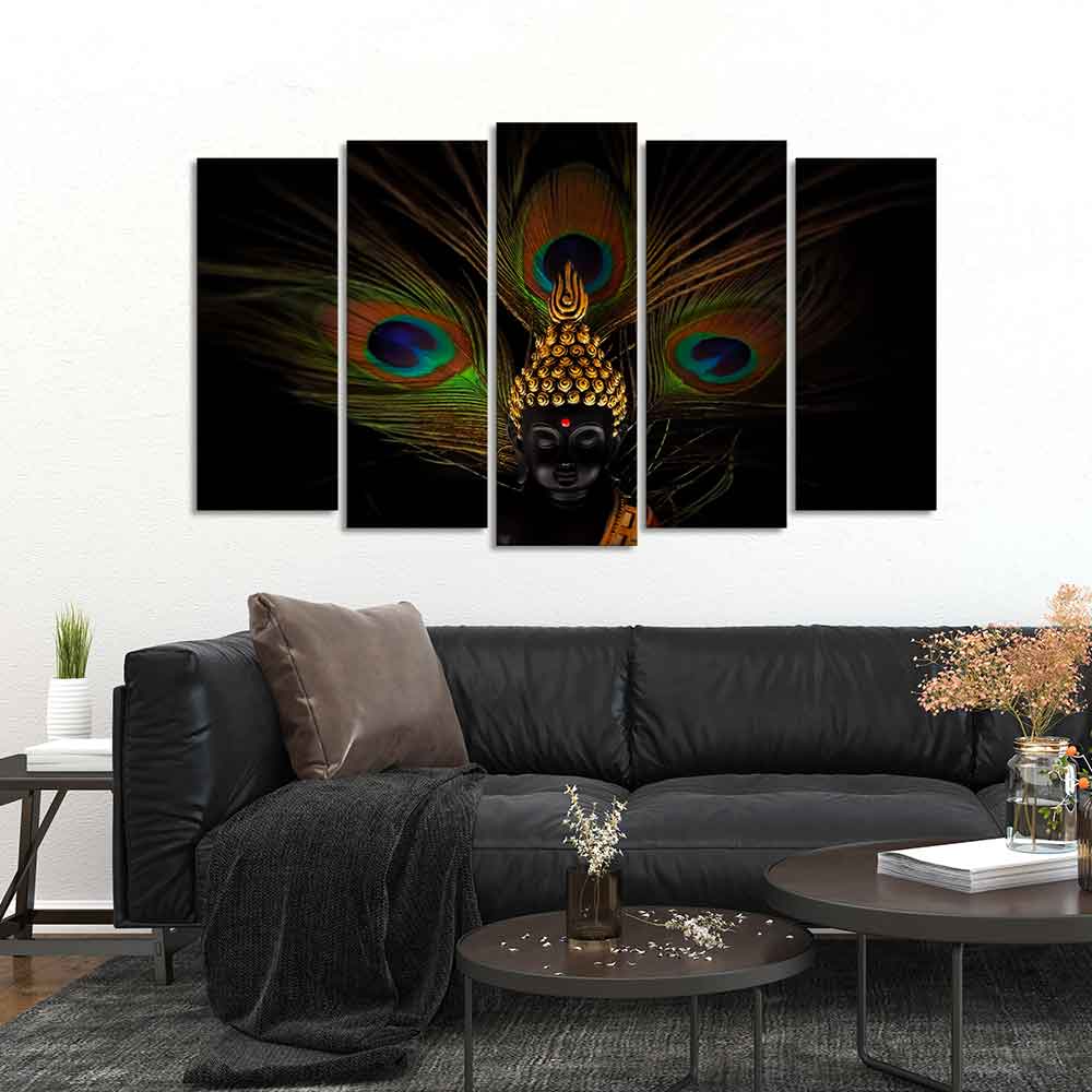 Lord Buddha With Peacock Feather Wall Painting of Five Pieces Set - Image 3