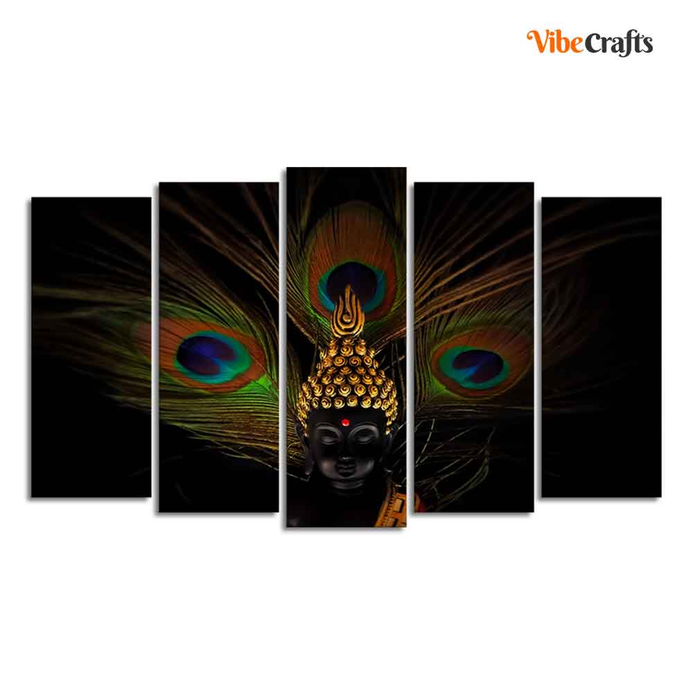 Lord Buddha With Peacock Feather Wall Painting of Five Pieces Set - Image 4