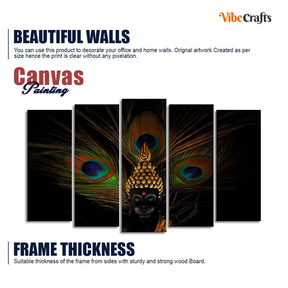 Lord Buddha With Peacock Feather Wall Painting of Five Pieces Set - Image 6