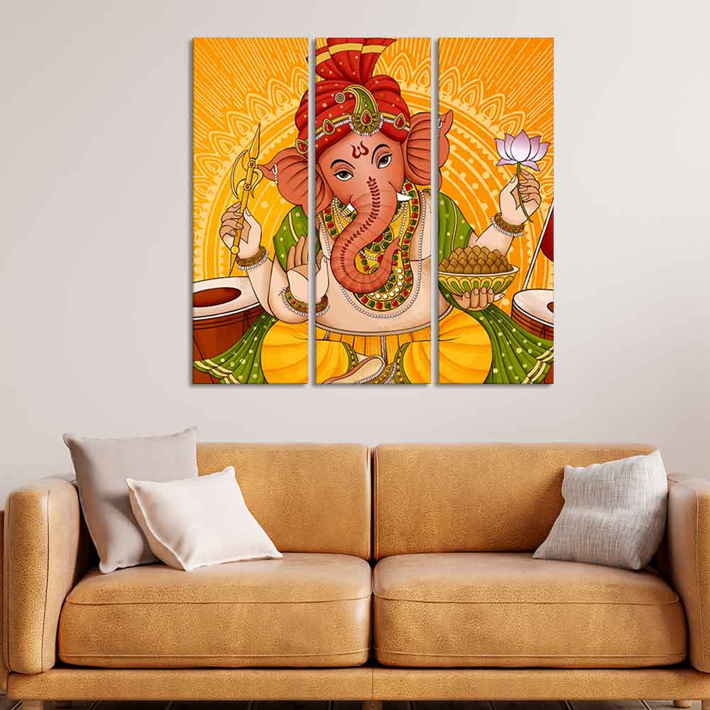 Lord Ganesh Canvas Wall Painting of Three Pieces - Image 3