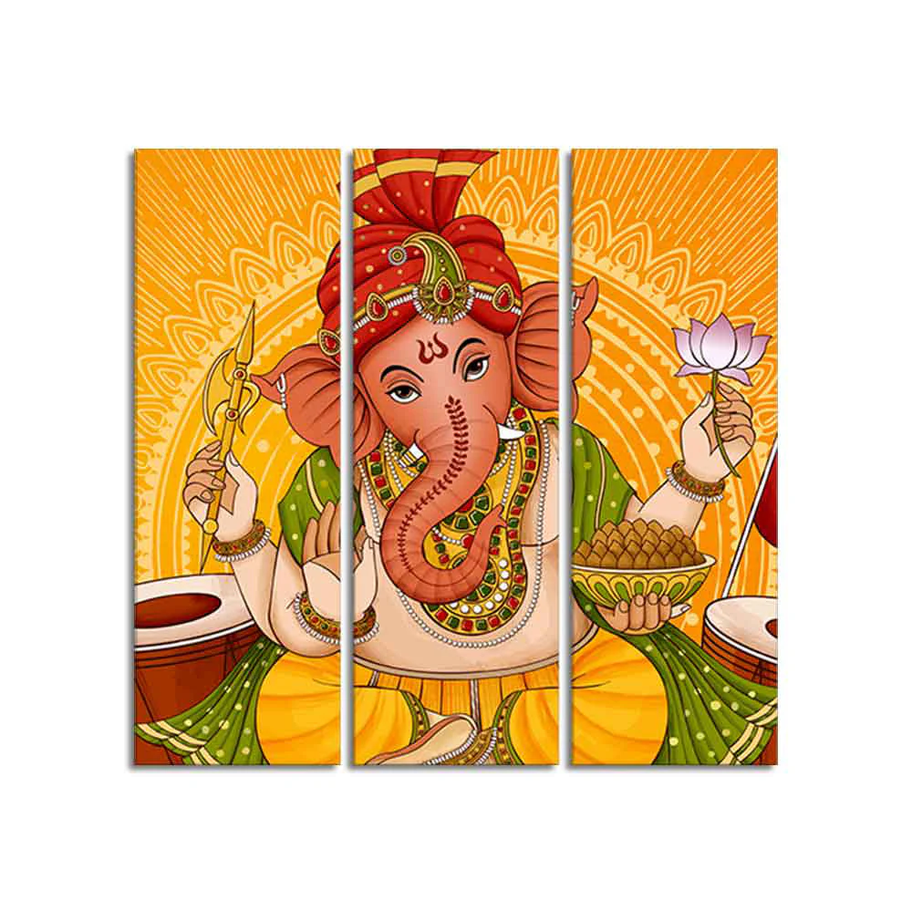 Lord Ganesh Canvas Wall Painting of Three Pieces - Image 4