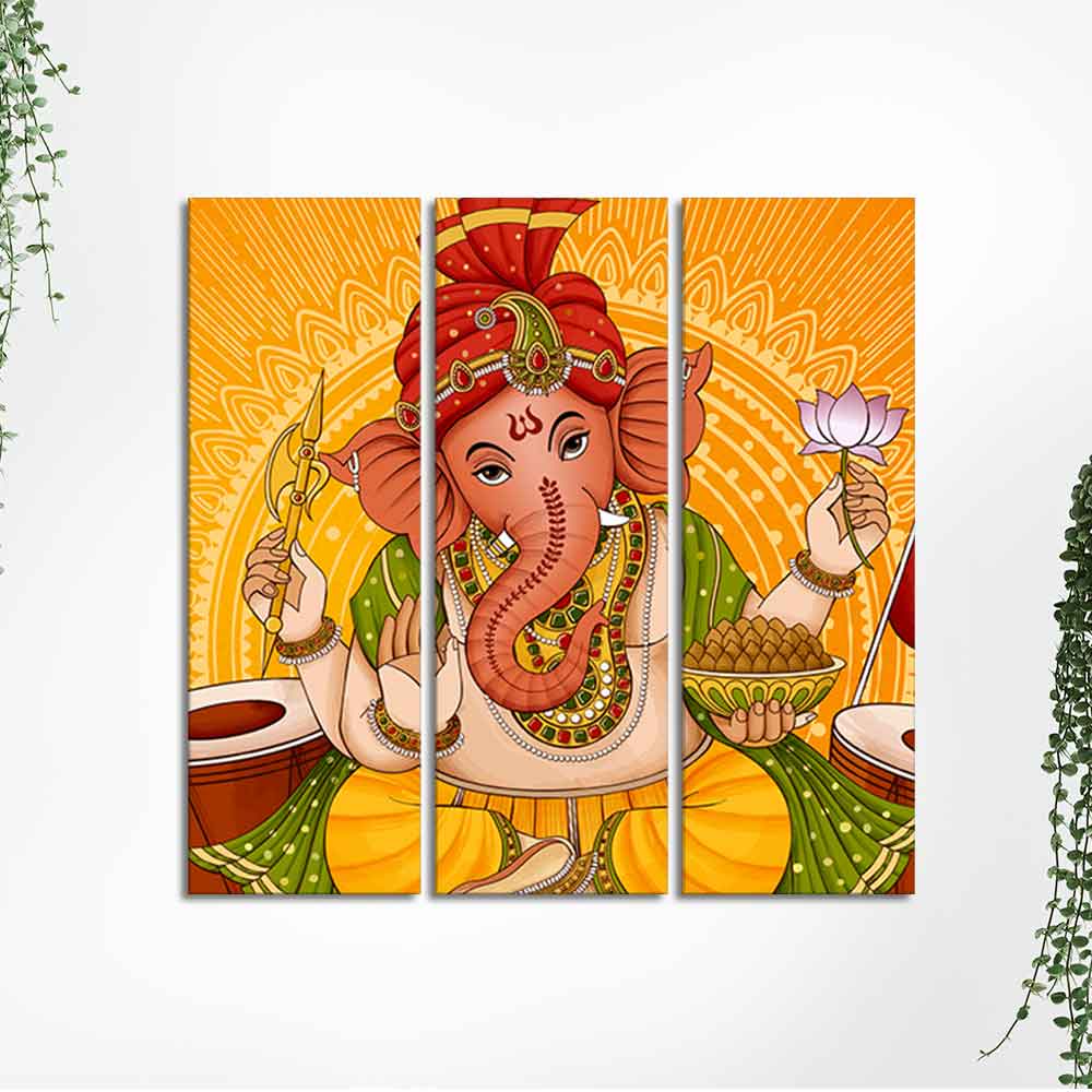 Lord Ganesh Canvas Wall Painting of Three Pieces - Image 5