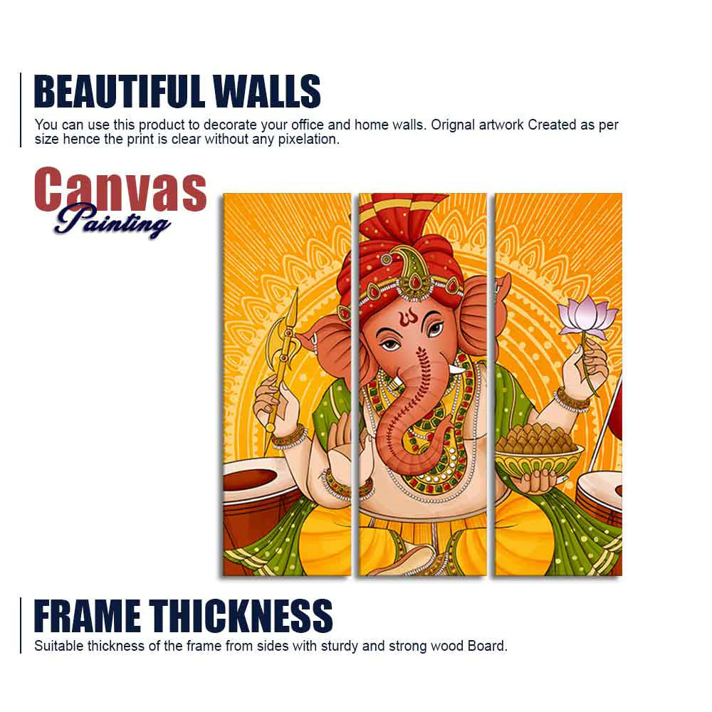 Lord Ganesh Canvas Wall Painting of Three Pieces - Image 6
