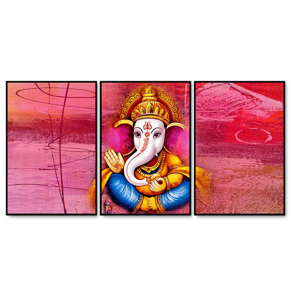 Lord Ganesha Abstract Art Floating Canvas Wall Painting Set of Three - Image 4