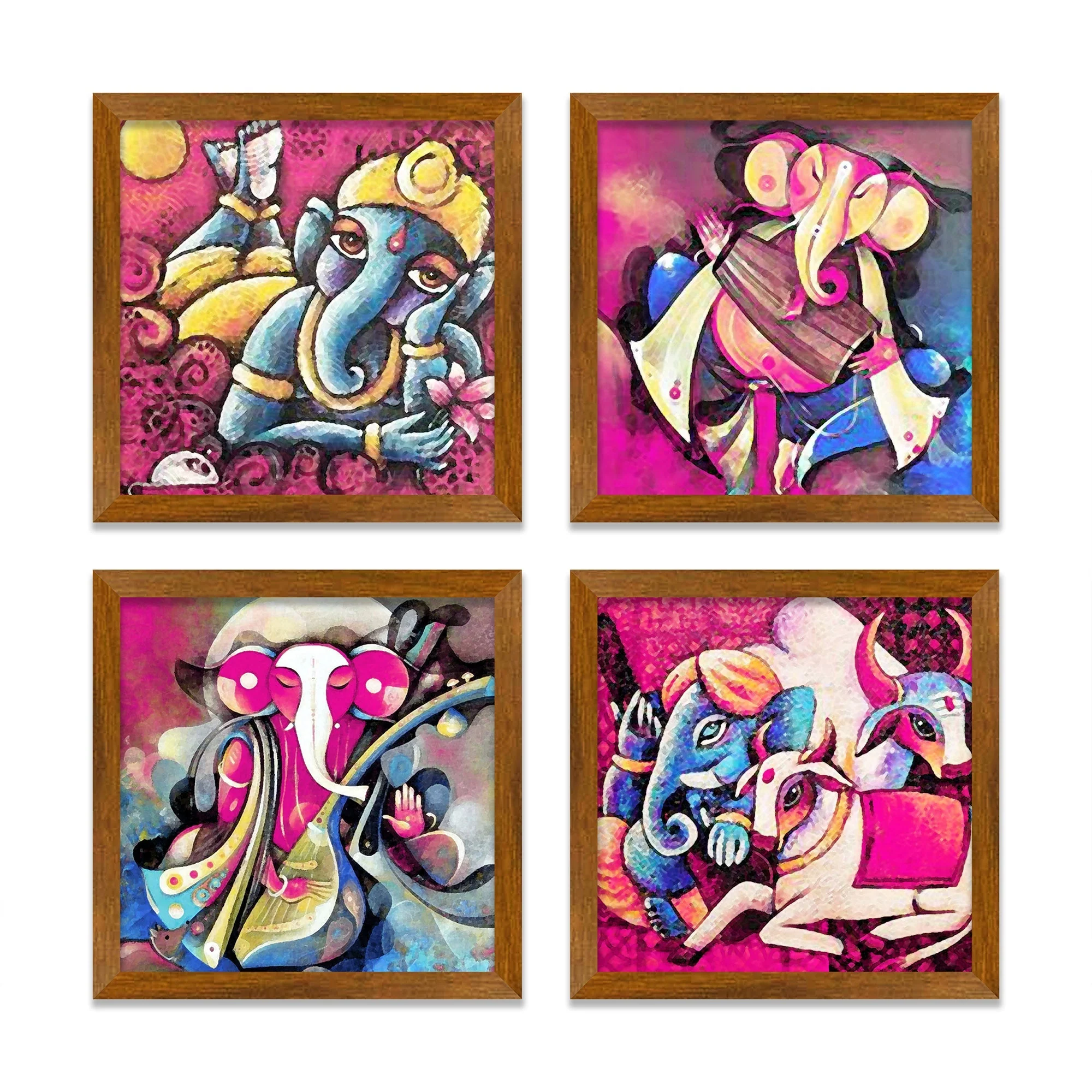 Lord Ganesha Abstract Art Wooden Wall Frame Set of Four - Image 3