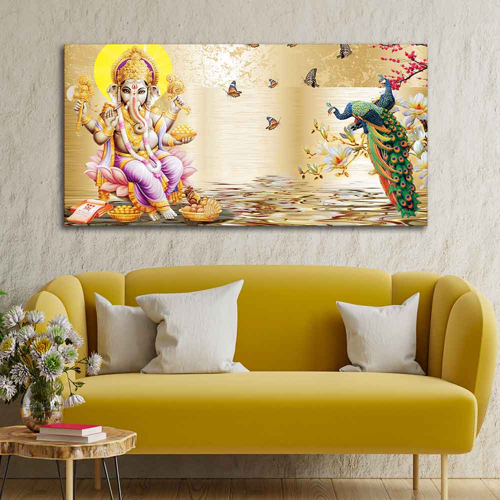 Lord Ganesha and Peacocks Canvas Wall Painting - Image 2