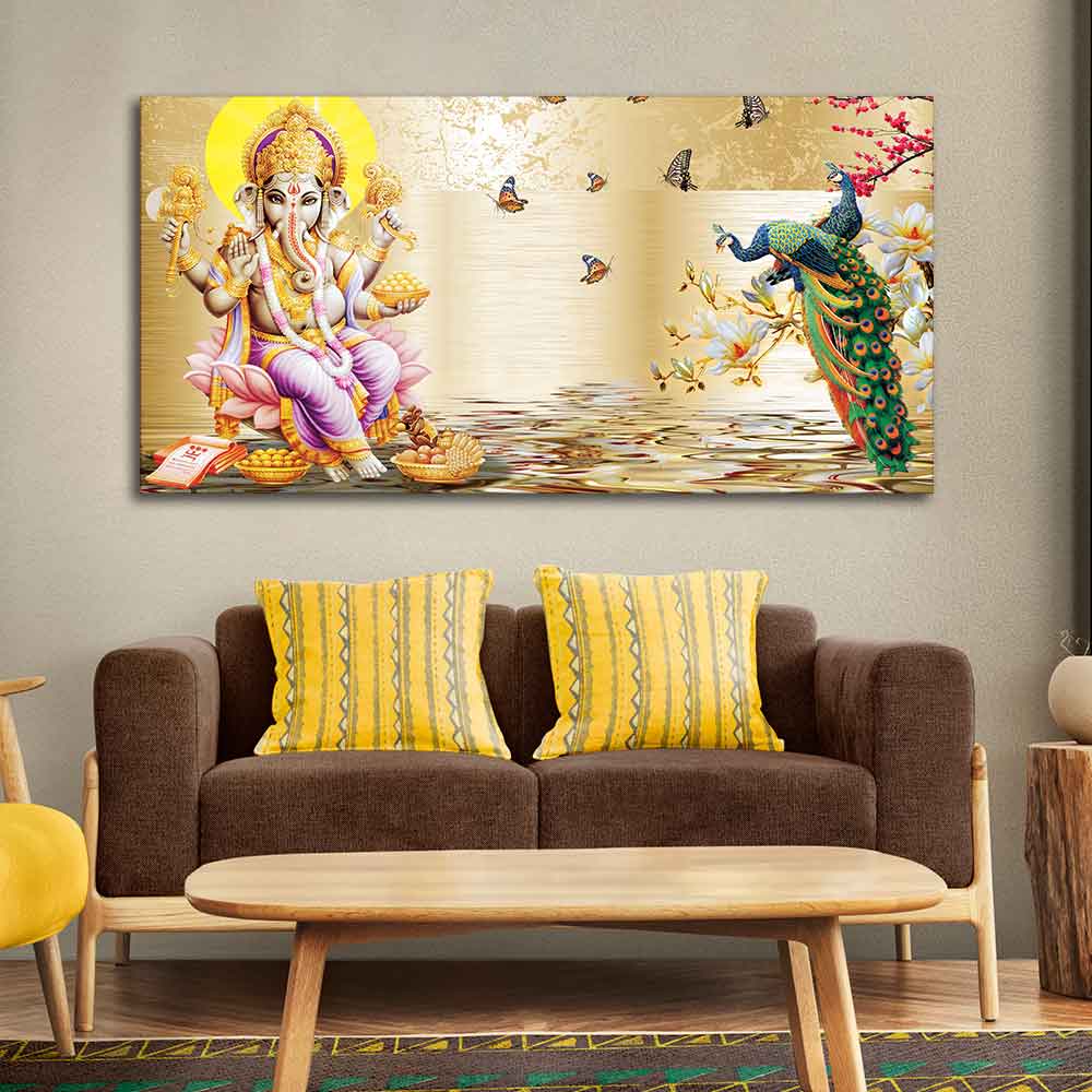 Lord Ganesha and Peacocks Canvas Wall Painting - Image 4