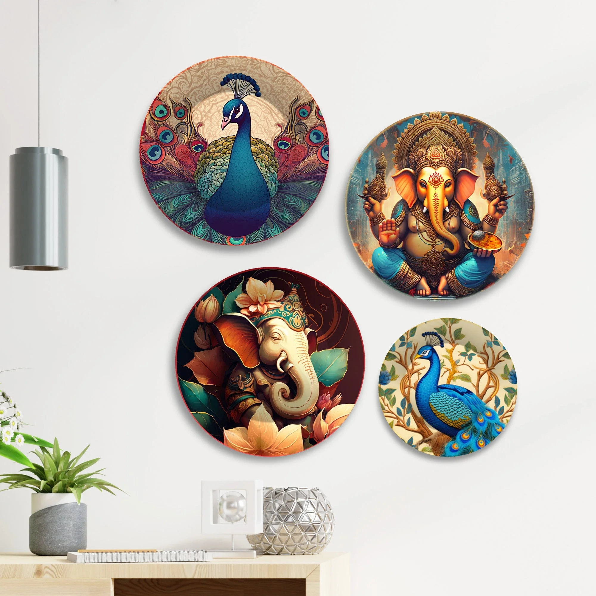 Lord Ganesha and Peacocks Premium Wall Plates Painting Set of Four - Image 3