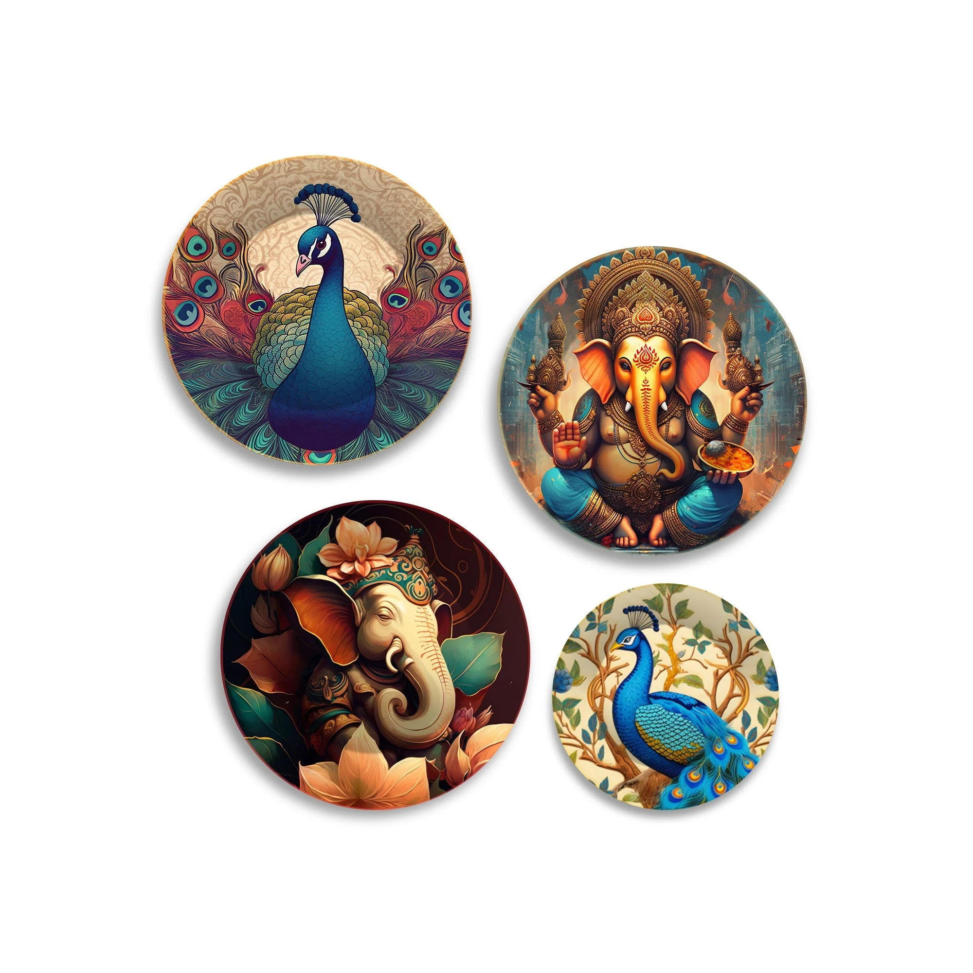 Lord Ganesha and Peacocks Premium Wall Plates Painting Set of Four - Image 4
