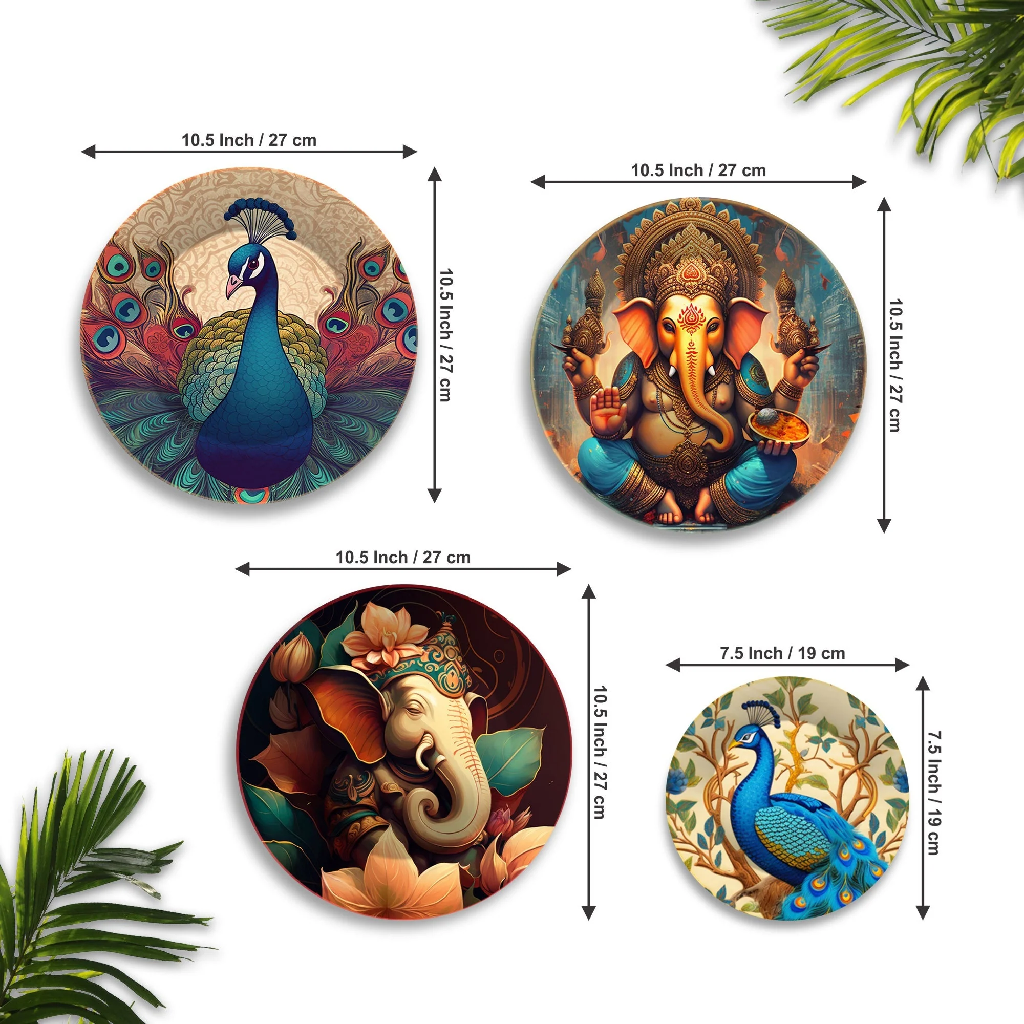 Lord Ganesha and Peacocks Premium Wall Plates Painting Set of Four - Image 6