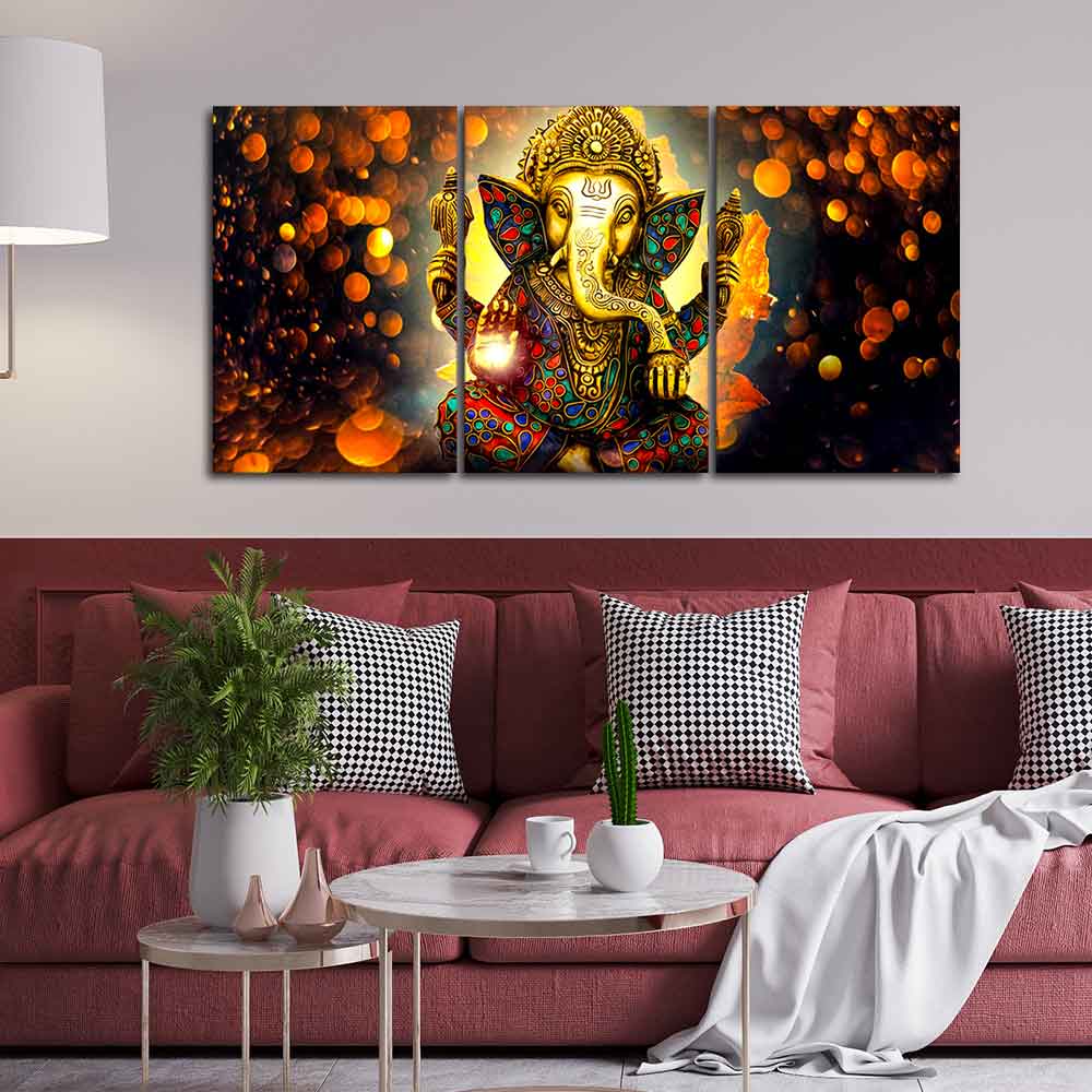 Lord Ganesha Canvas Wall Painting of 3 Pieces - Image 2