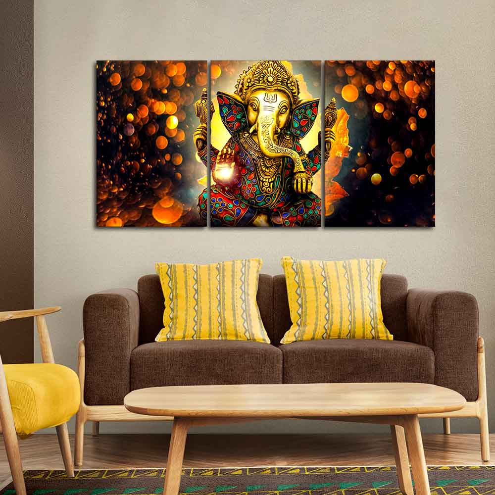 Lord Ganesha Canvas Wall Painting of 3 Pieces - Image 3