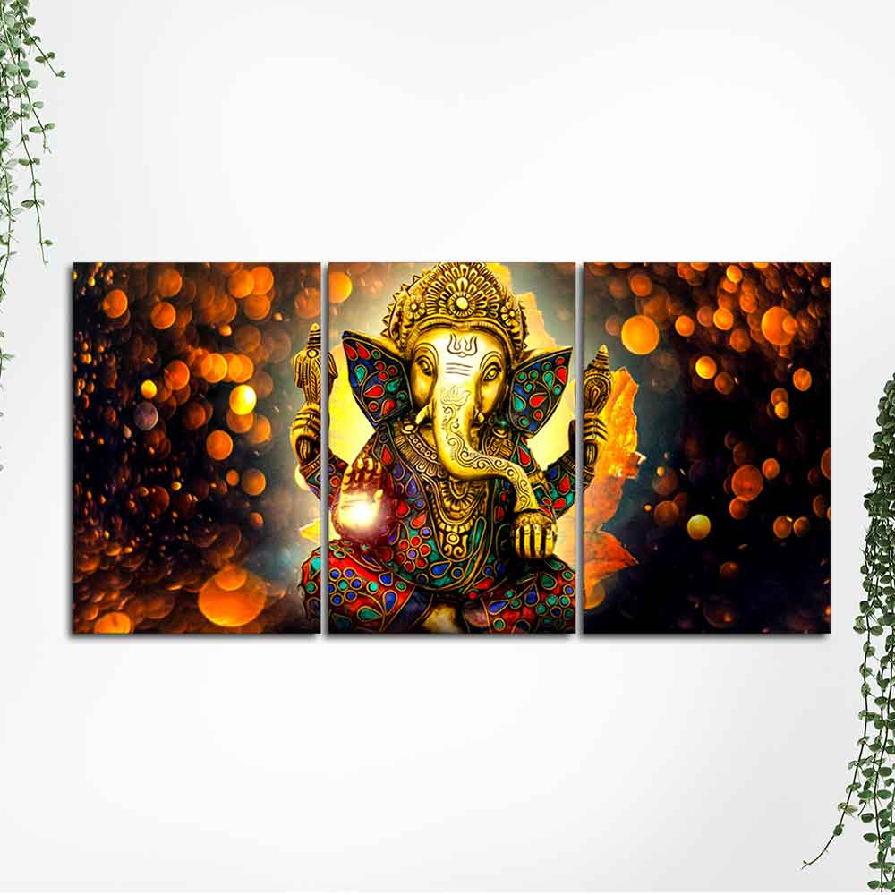 Lord Ganesha Canvas Wall Painting of 3 Pieces - Image 5