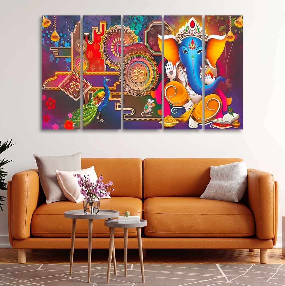 Lord Ganesha Canvas Wall Painting of Five Pieces - Image 3