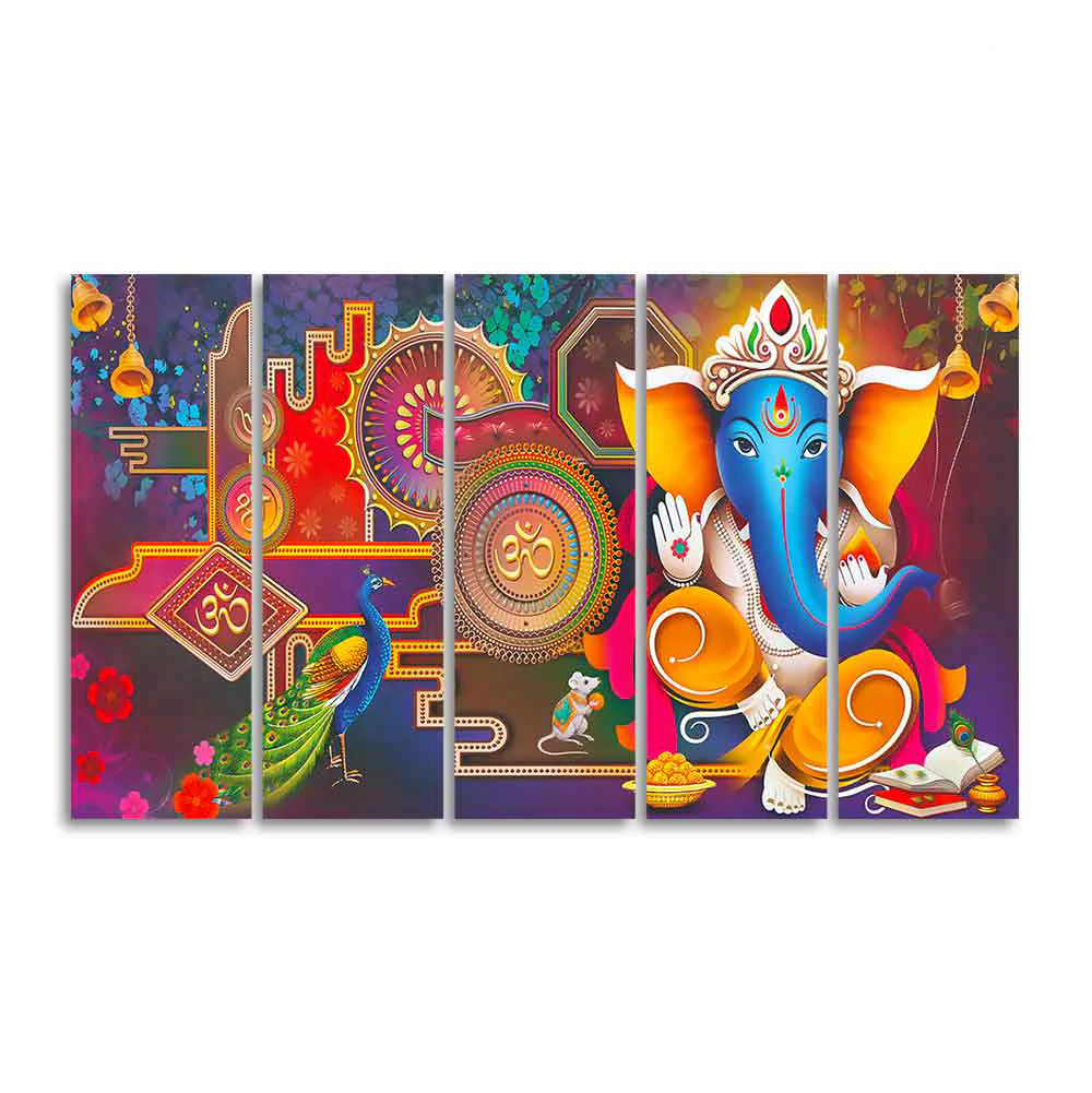 Lord Ganesha Canvas Wall Painting of Five Pieces - Image 4