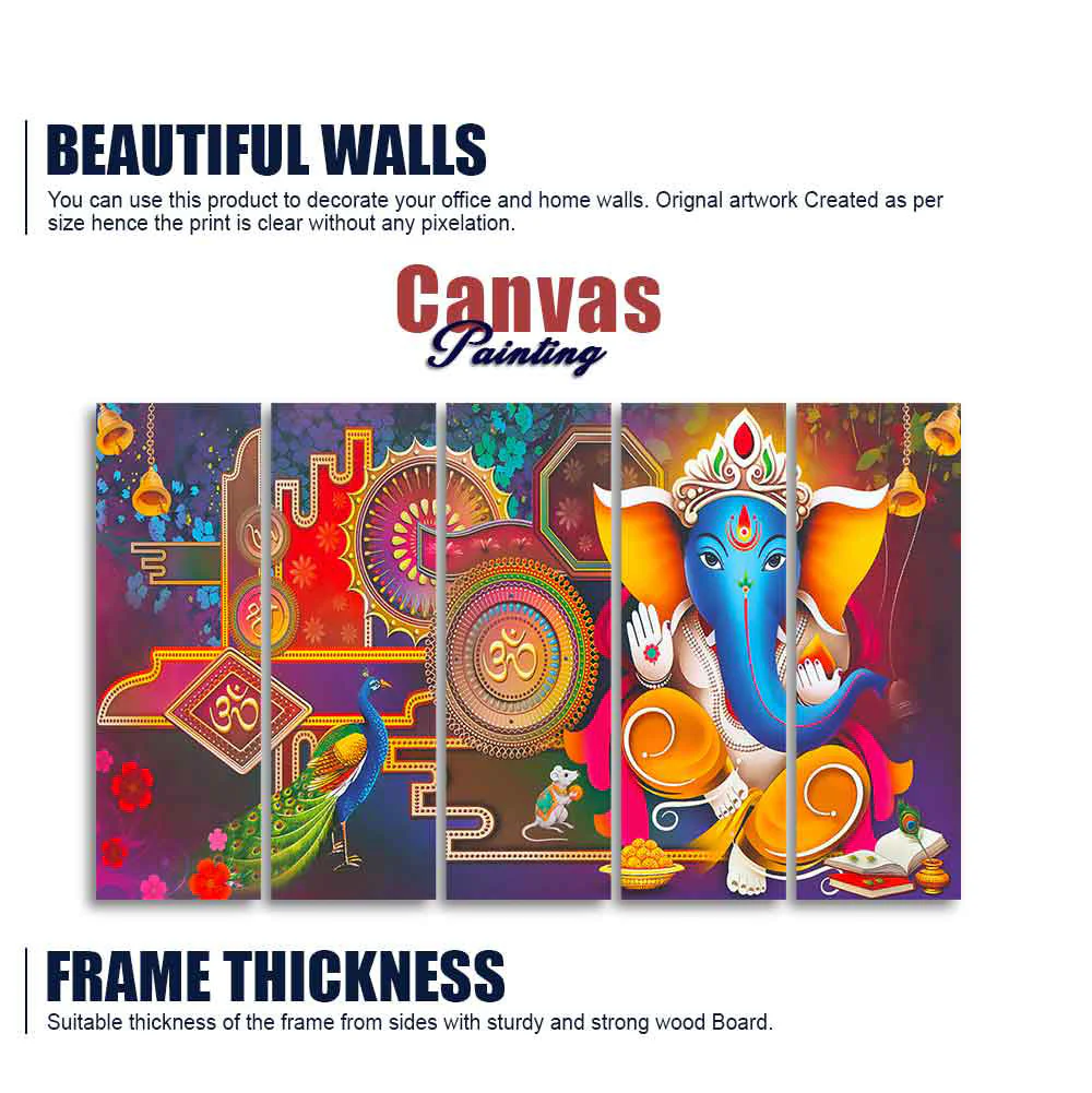 Lord Ganesha Canvas Wall Painting of Five Pieces - Image 5