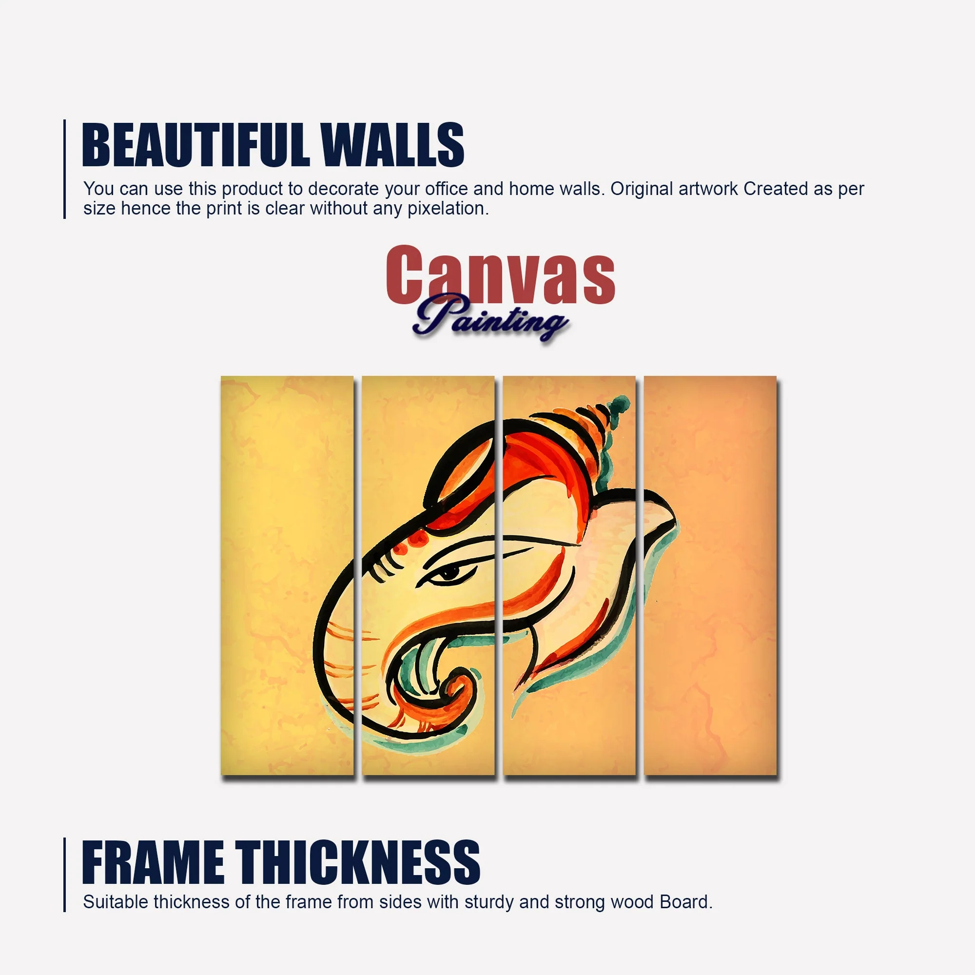Lord Ganesha Head Abstract Art Canvas Wall Painting Set of 4 - Image 5