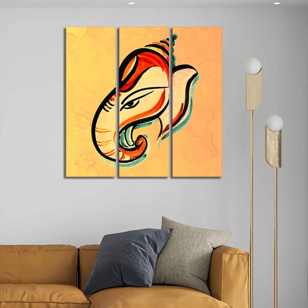 Lord Ganesha Head Abstract Art Canvas Wall Painting Set of Three - Image 2