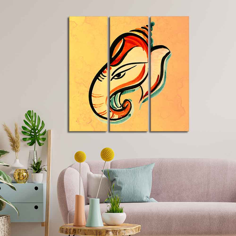 Lord Ganesha Head Abstract Art Canvas Wall Painting Set of Three - Image 3