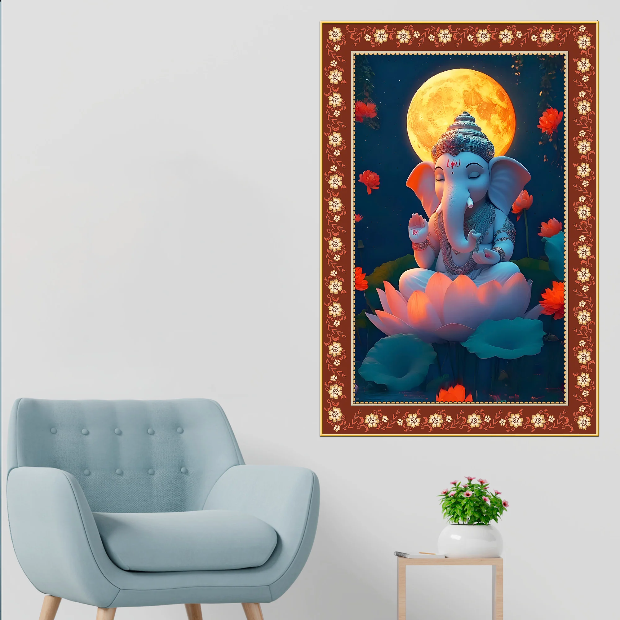 Lord Ganesha in Meditation Floral Border Vertical Wall Painting - Image 2