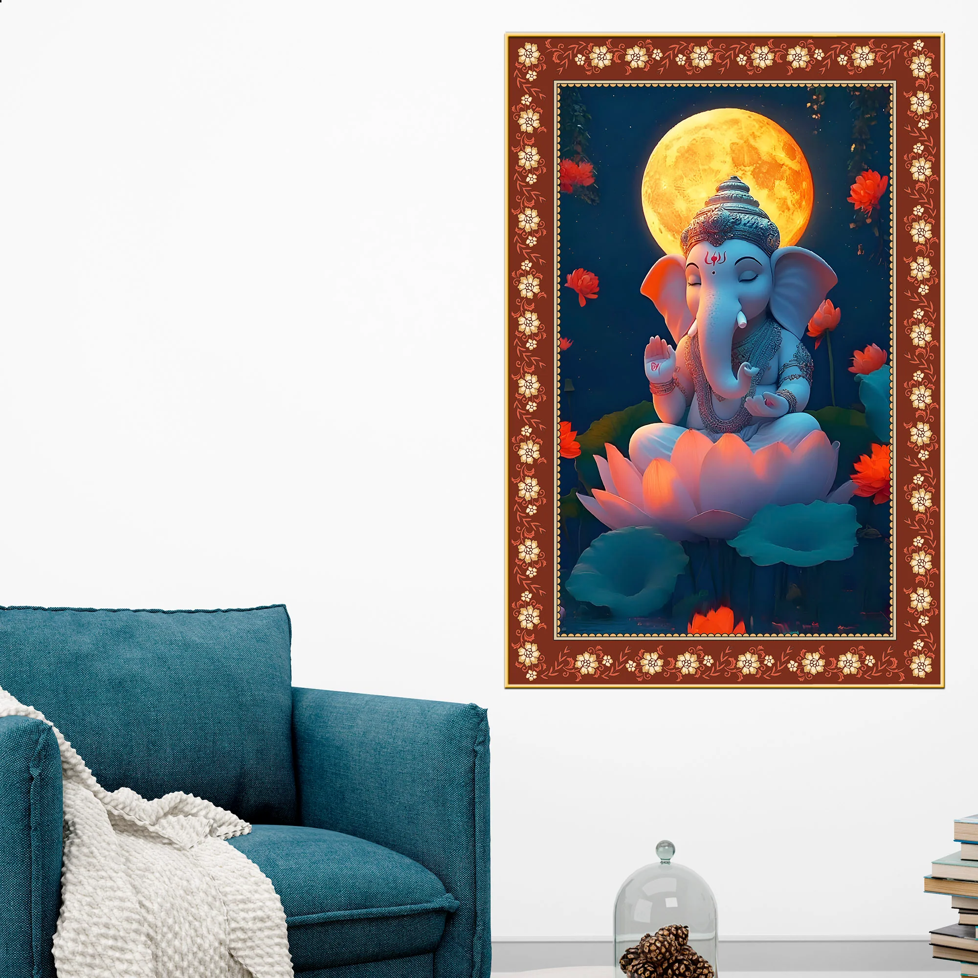 Lord Ganesha in Meditation Floral Border Vertical Wall Painting - Image 3