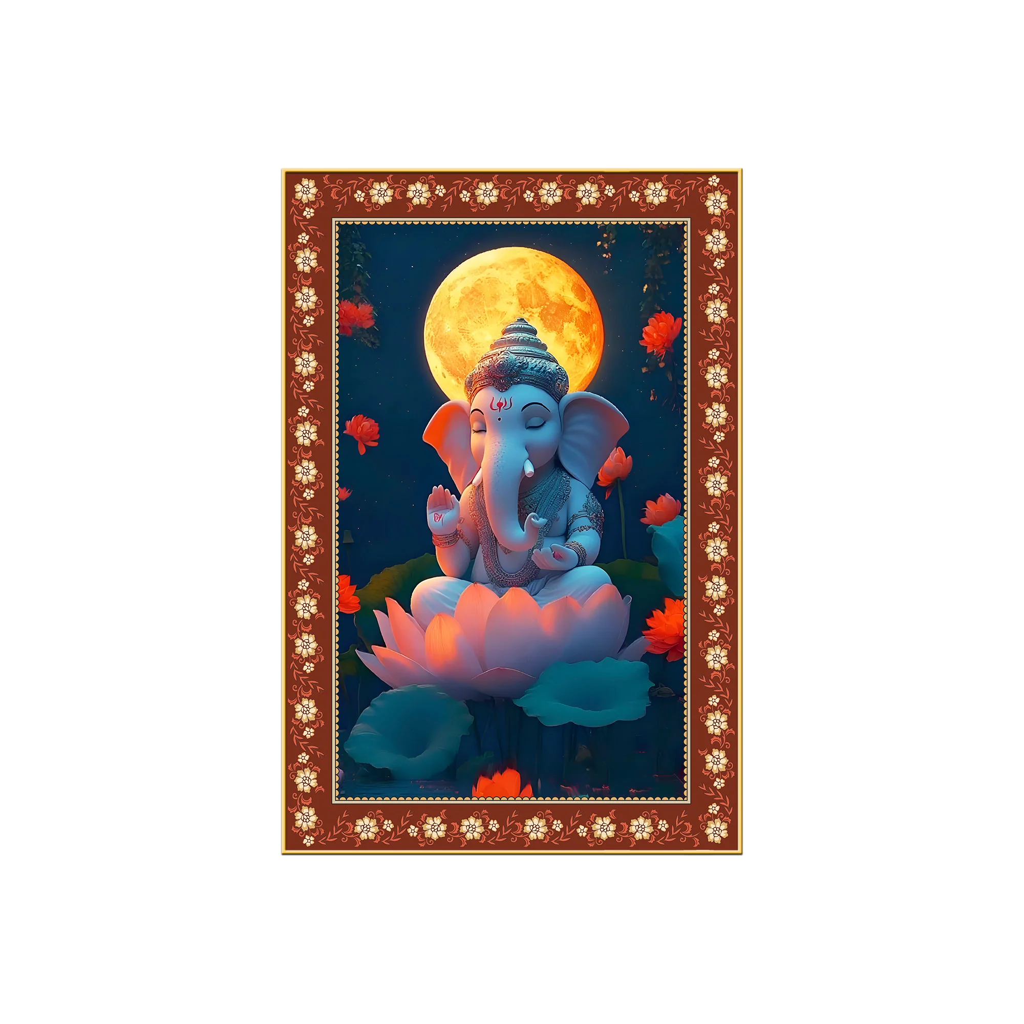 Lord Ganesha in Meditation Floral Border Vertical Wall Painting - Image 4