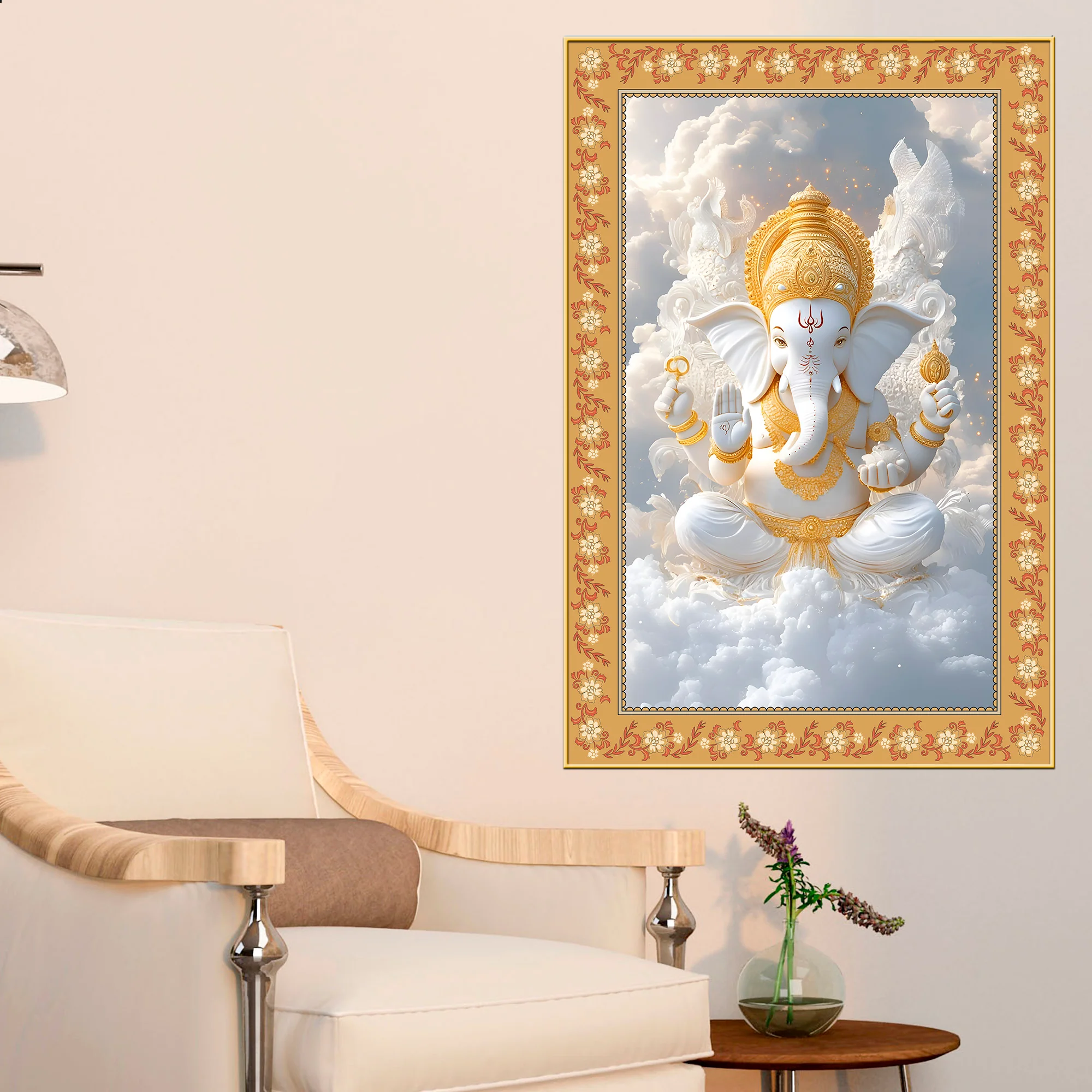 Lord Ganesha in Sky Floral Border Vertical Wall Painting - Image 2