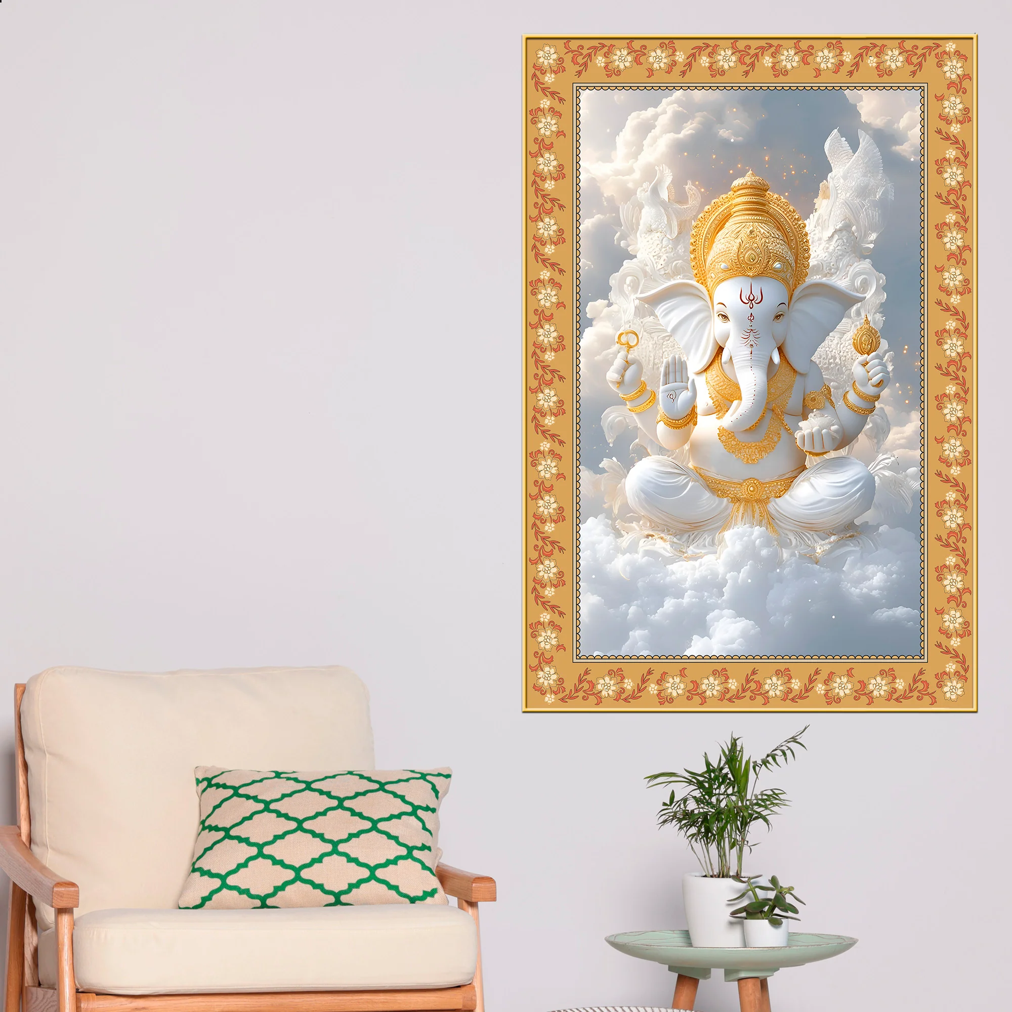 Lord Ganesha in Sky Floral Border Vertical Wall Painting - Image 3