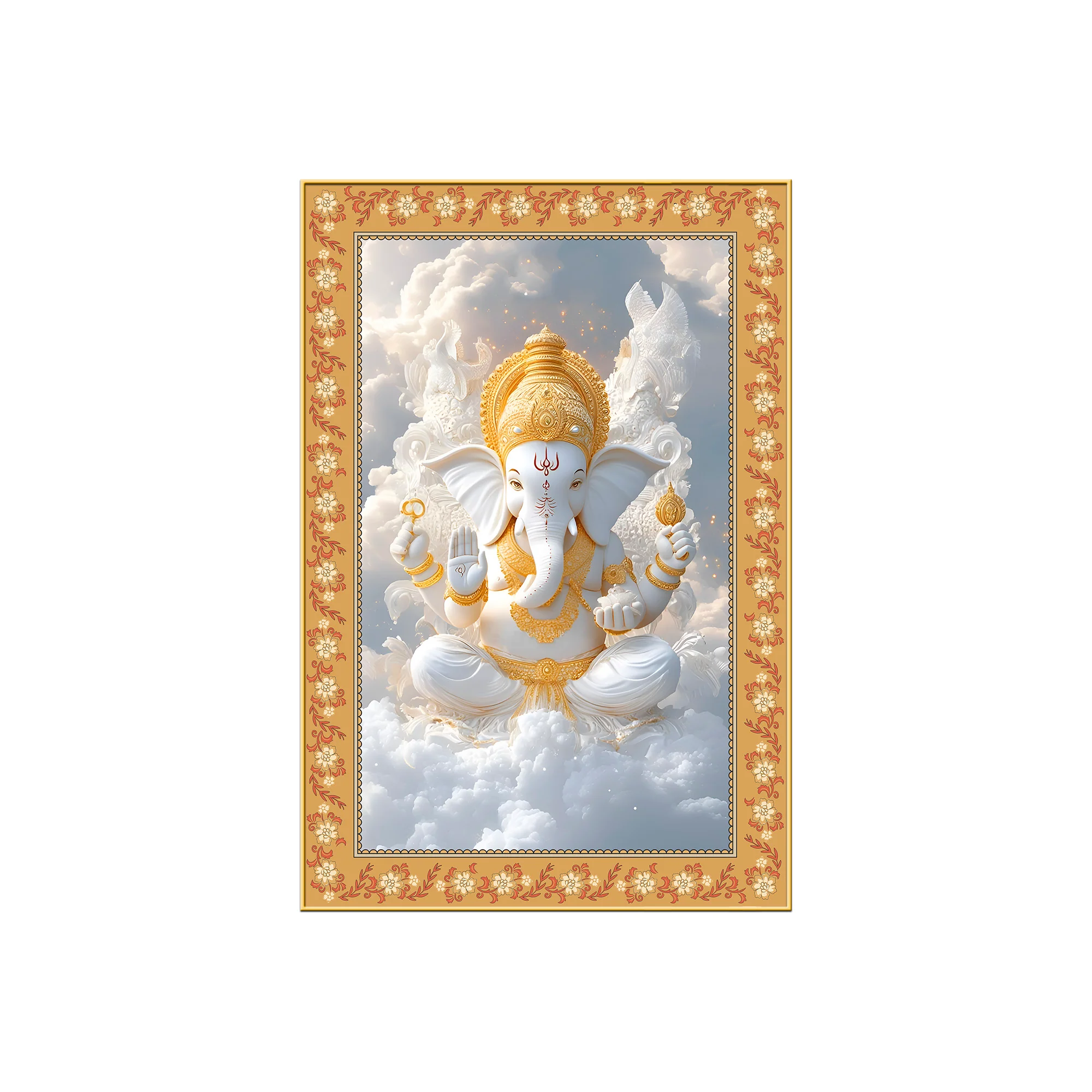 Lord Ganesha in Sky Floral Border Vertical Wall Painting - Image 4