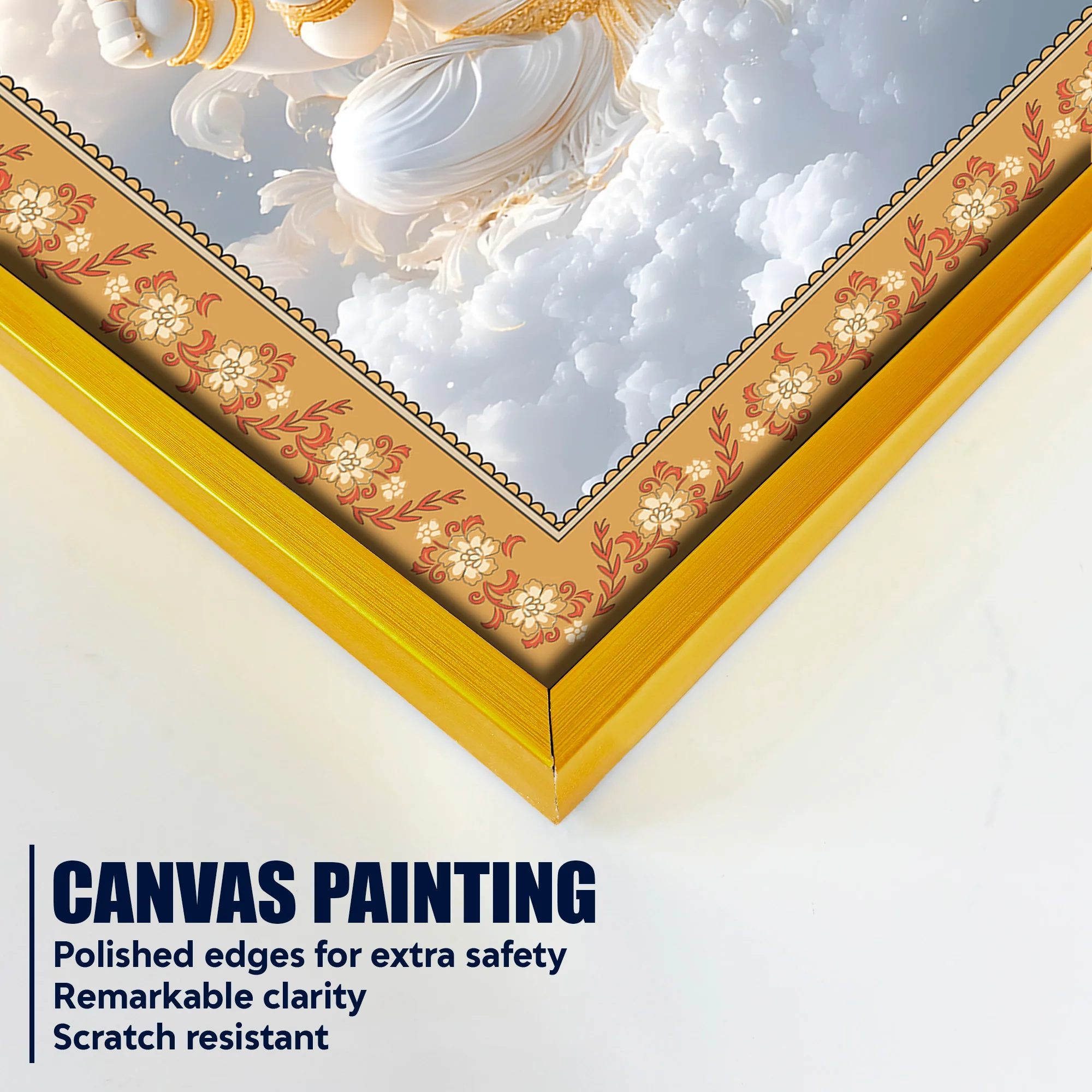 Lord Ganesha in Sky Floral Border Vertical Wall Painting - Image 5