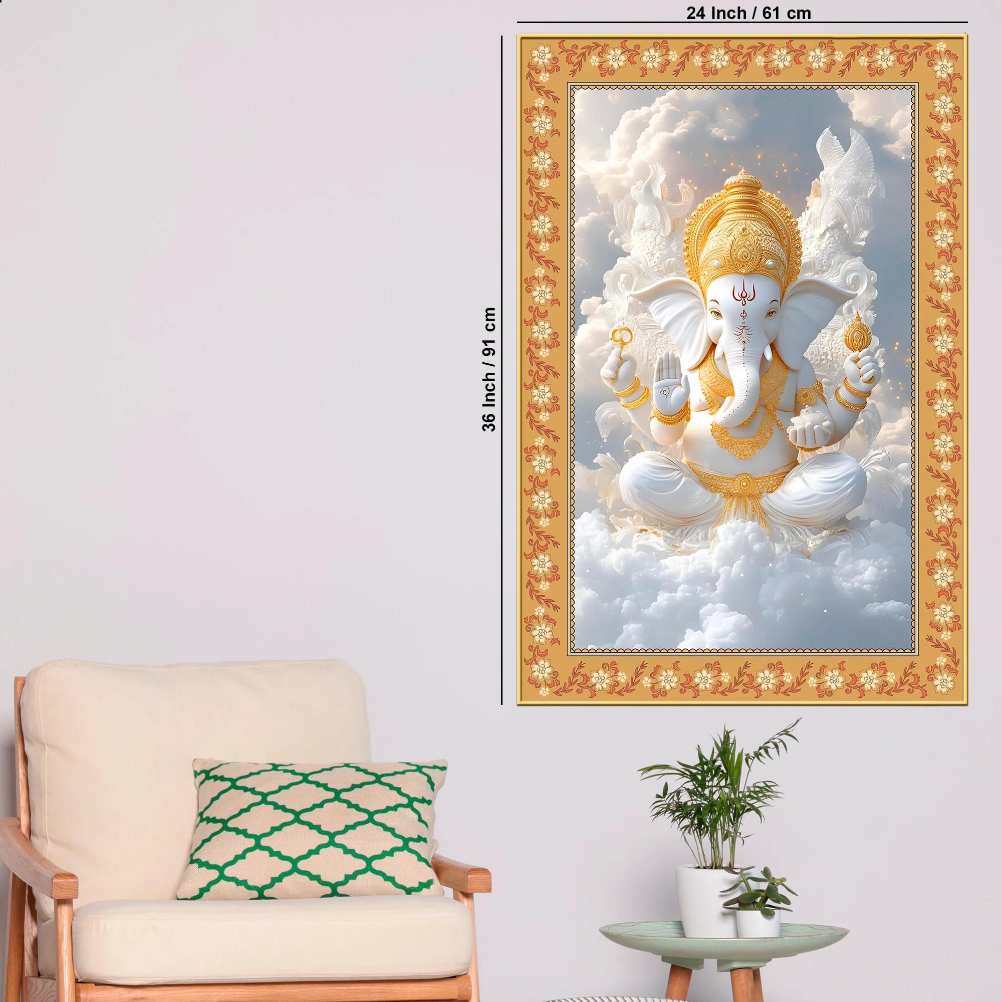 Lord Ganesha in Sky Floral Border Vertical Wall Painting - Image 6
