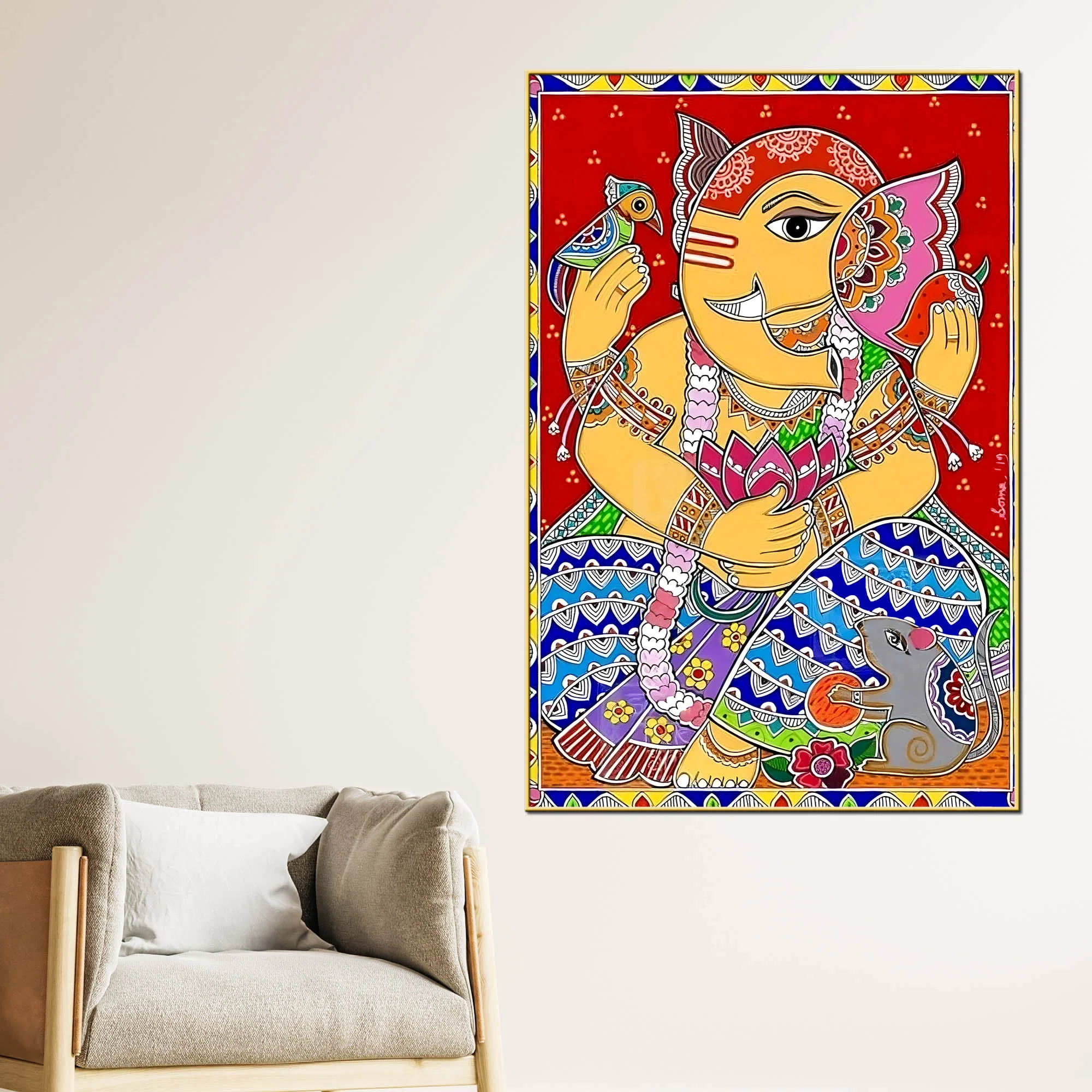 Lord Ganesha Madhubani Decoration Canvas Wall Painting - Image 2