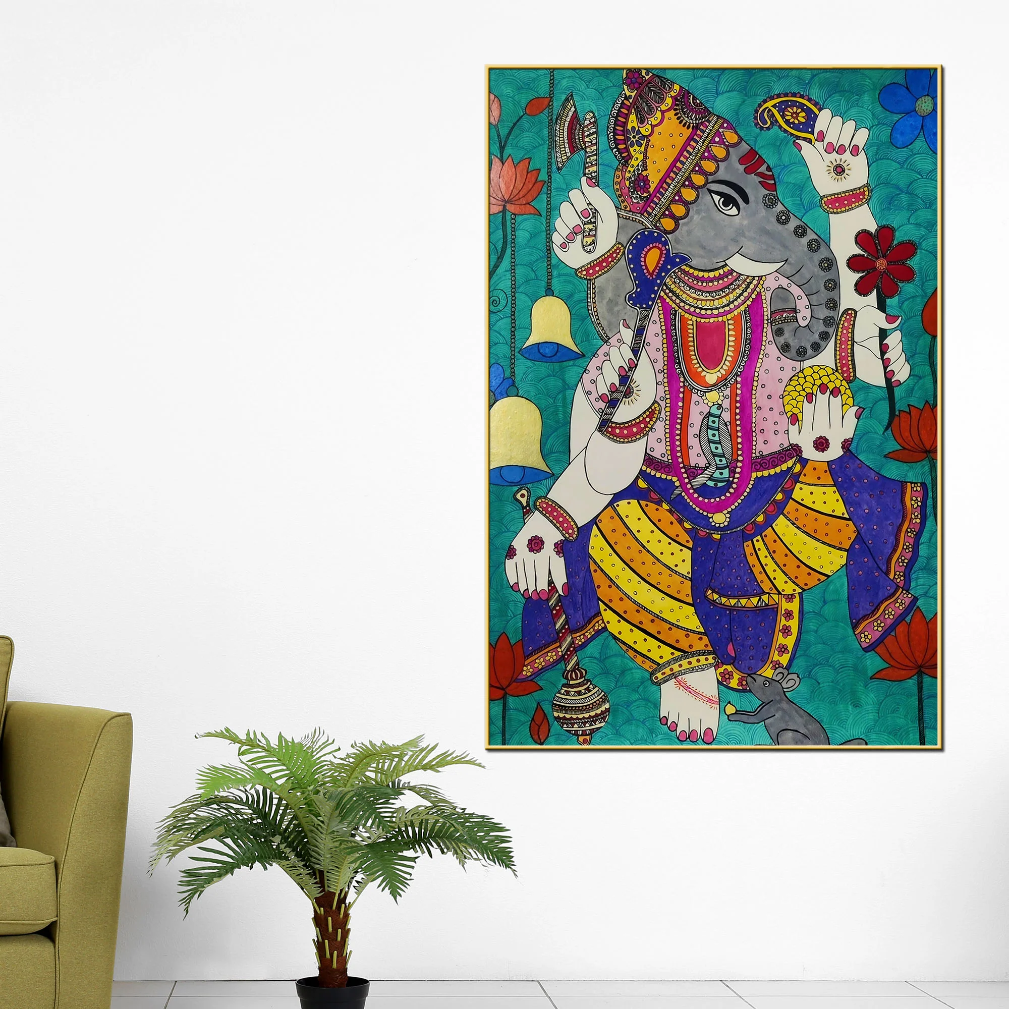 Lord Ganesha Madhubani Style Canvas Wall Painting - Image 2