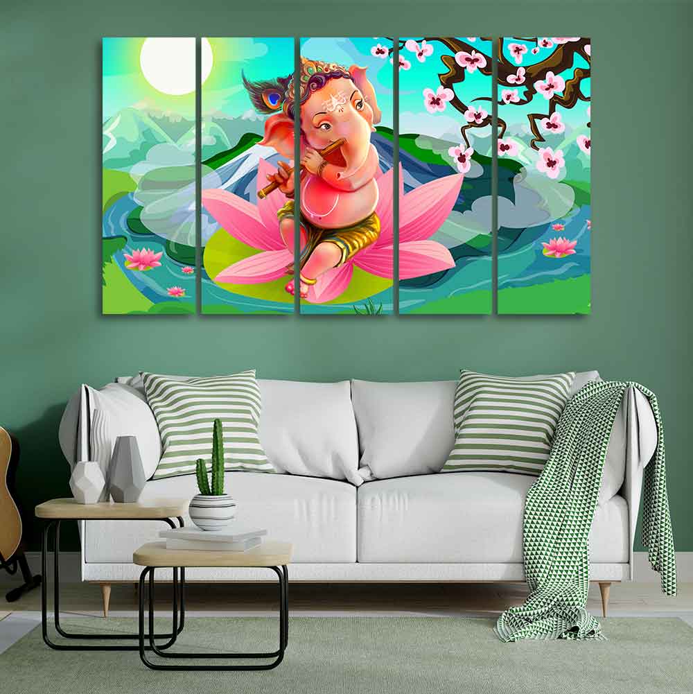 Lord Ganesha Playing Flute Premium Wall Painting of Five Pieces - Image 3