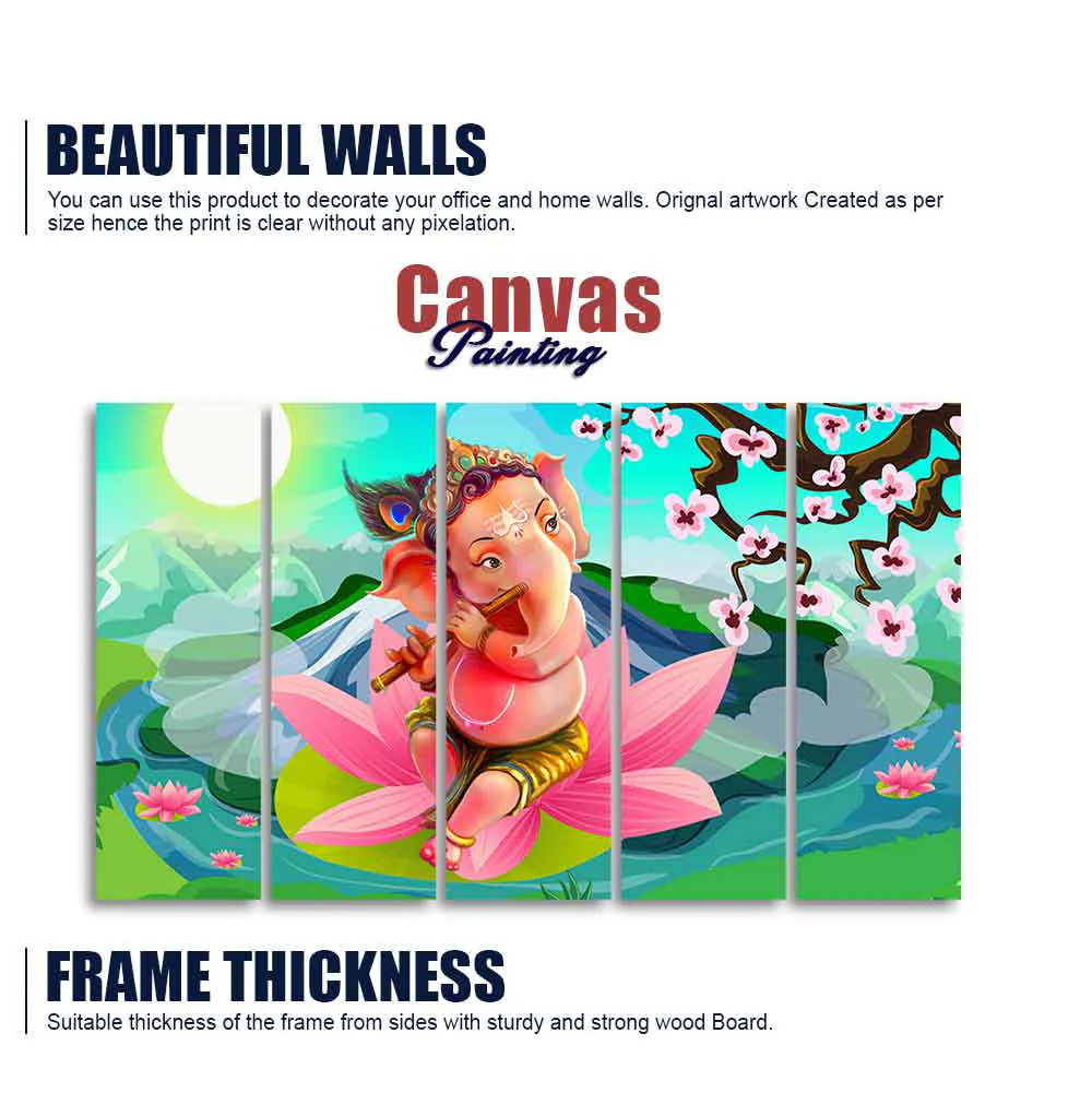 Lord Ganesha Playing Flute Premium Wall Painting of Five Pieces - Image 4