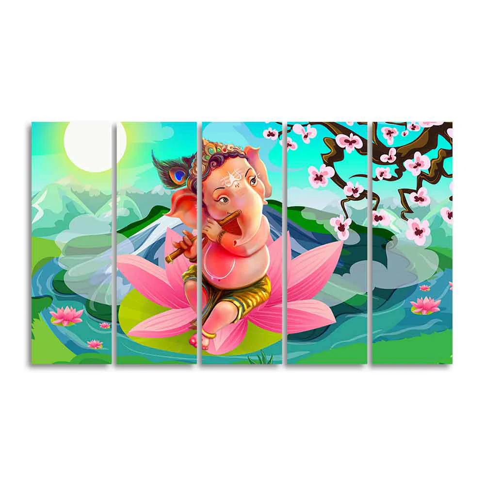Lord Ganesha Playing Flute Premium Wall Painting of Five Pieces - Image 5