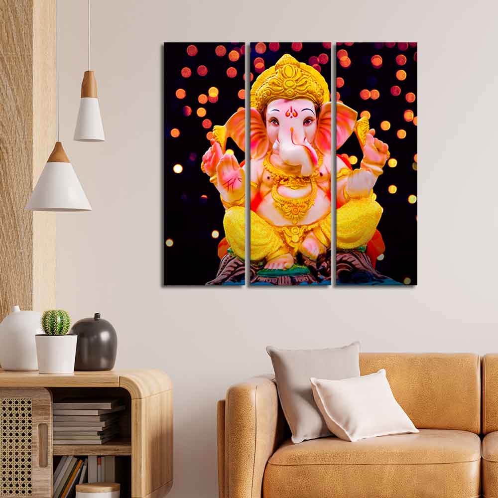 Lord Ganesha Sculpture Canvas Wall Painting Set of Three - Image 2