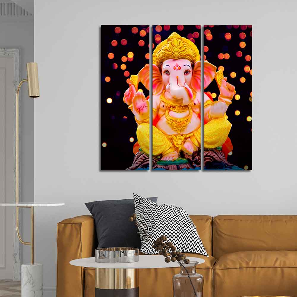Lord Ganesha Sculpture Canvas Wall Painting Set of Three - Image 3
