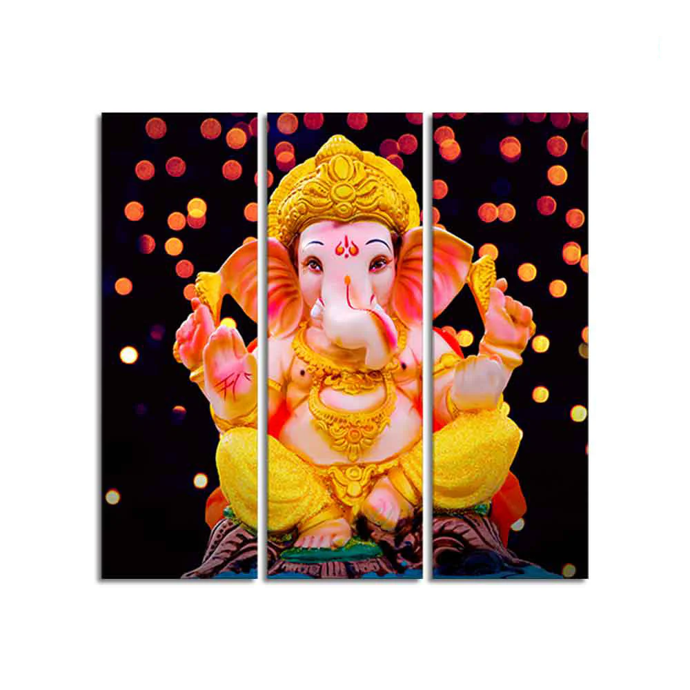 Lord Ganesha Sculpture Canvas Wall Painting Set of Three - Image 4