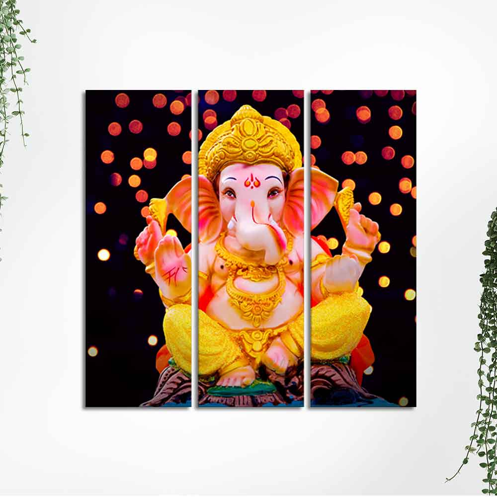 Lord Ganesha Sculpture Canvas Wall Painting Set of Three - Image 5