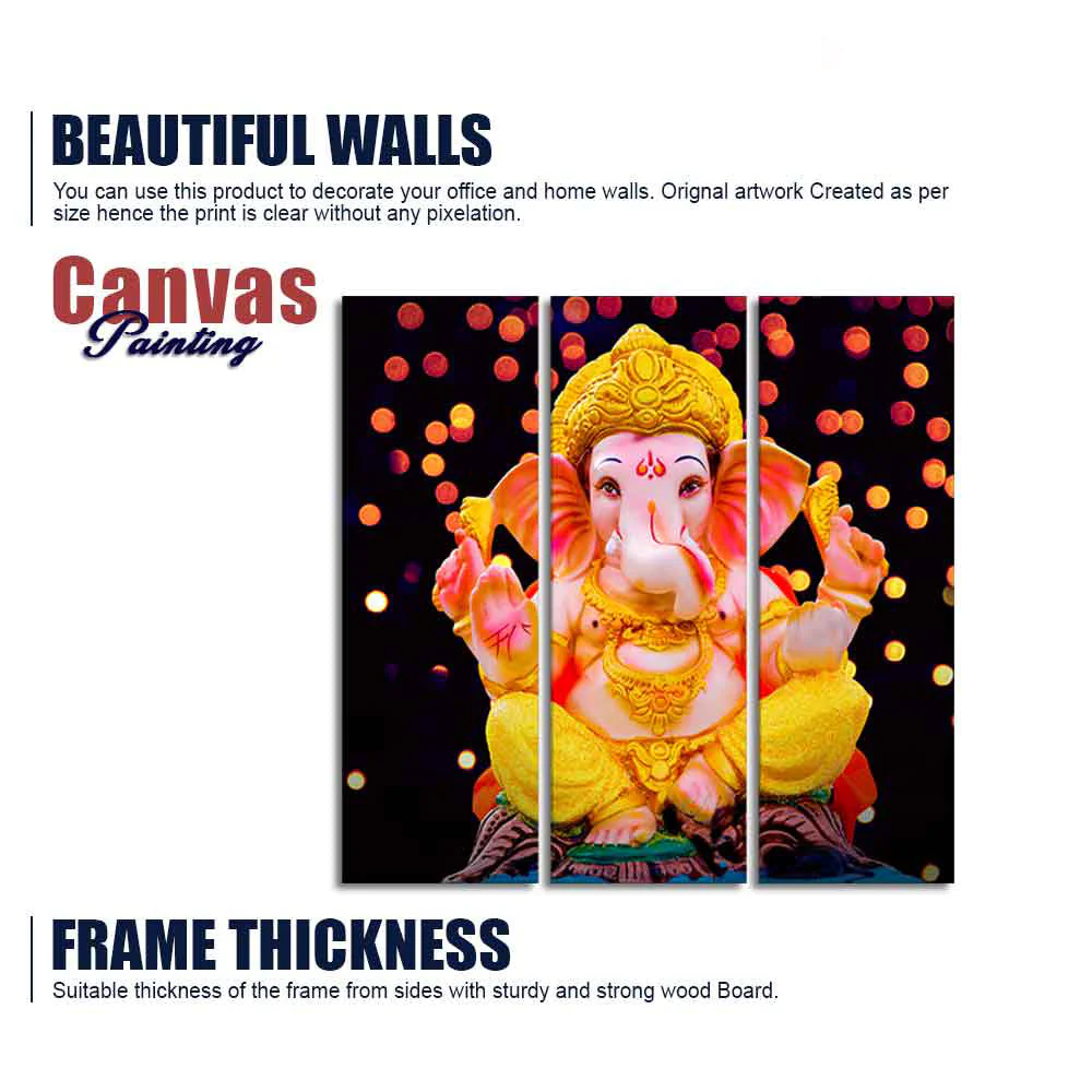 Lord Ganesha Sculpture Canvas Wall Painting Set of Three - Image 6