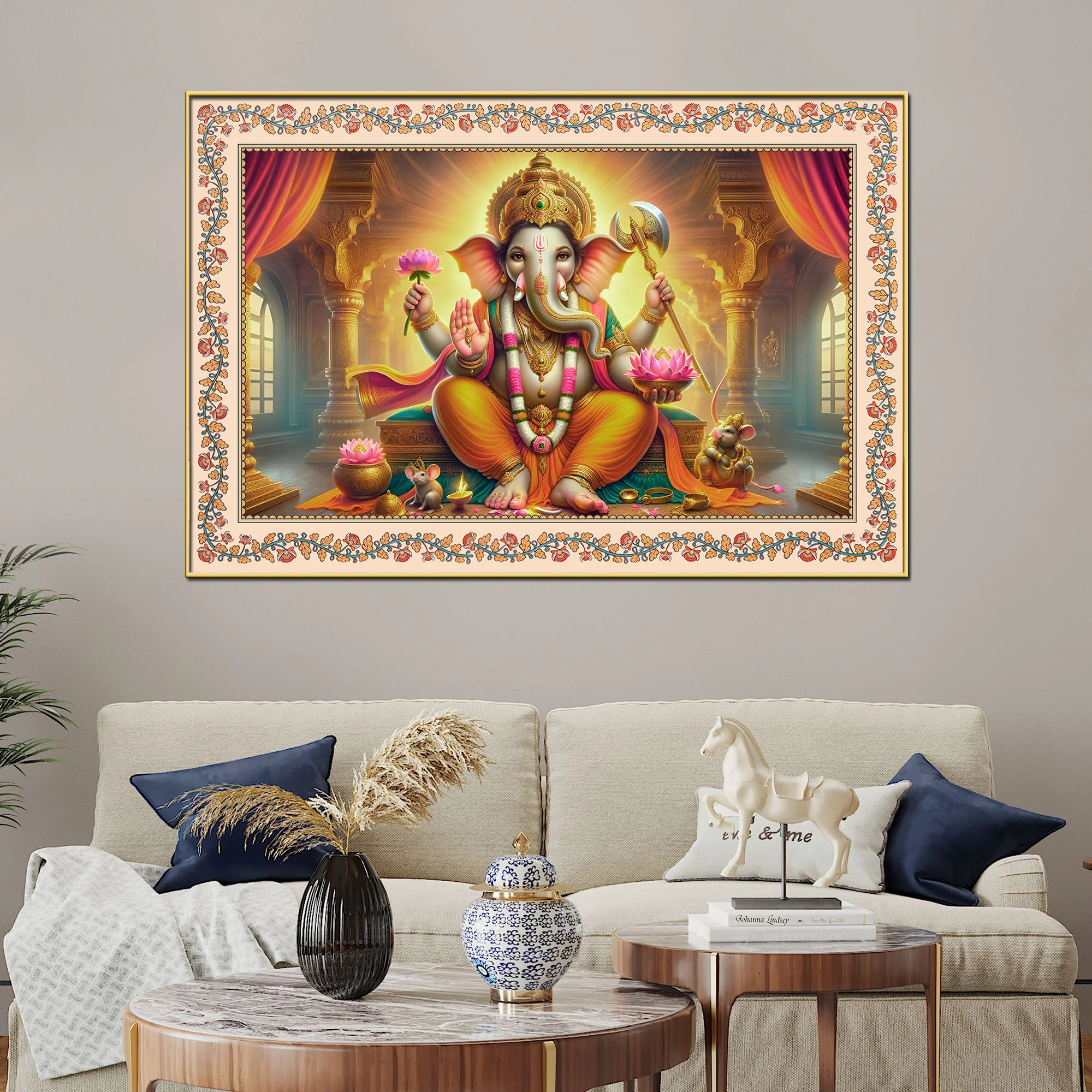 Lord Ganesha Seated on Throne Floral Border Wall Painting - Image 2