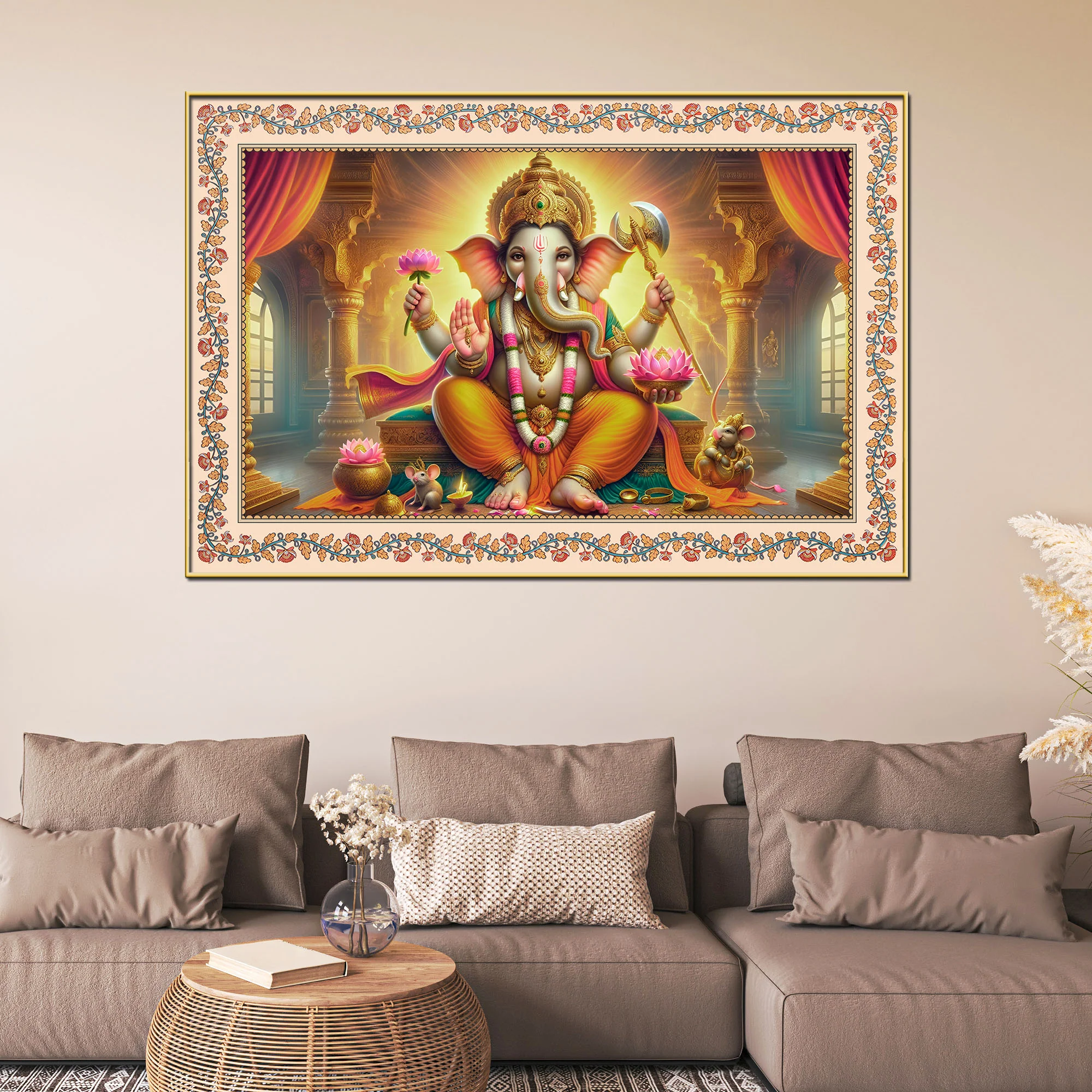 Lord Ganesha Seated on Throne Floral Border Wall Painting - Image 3