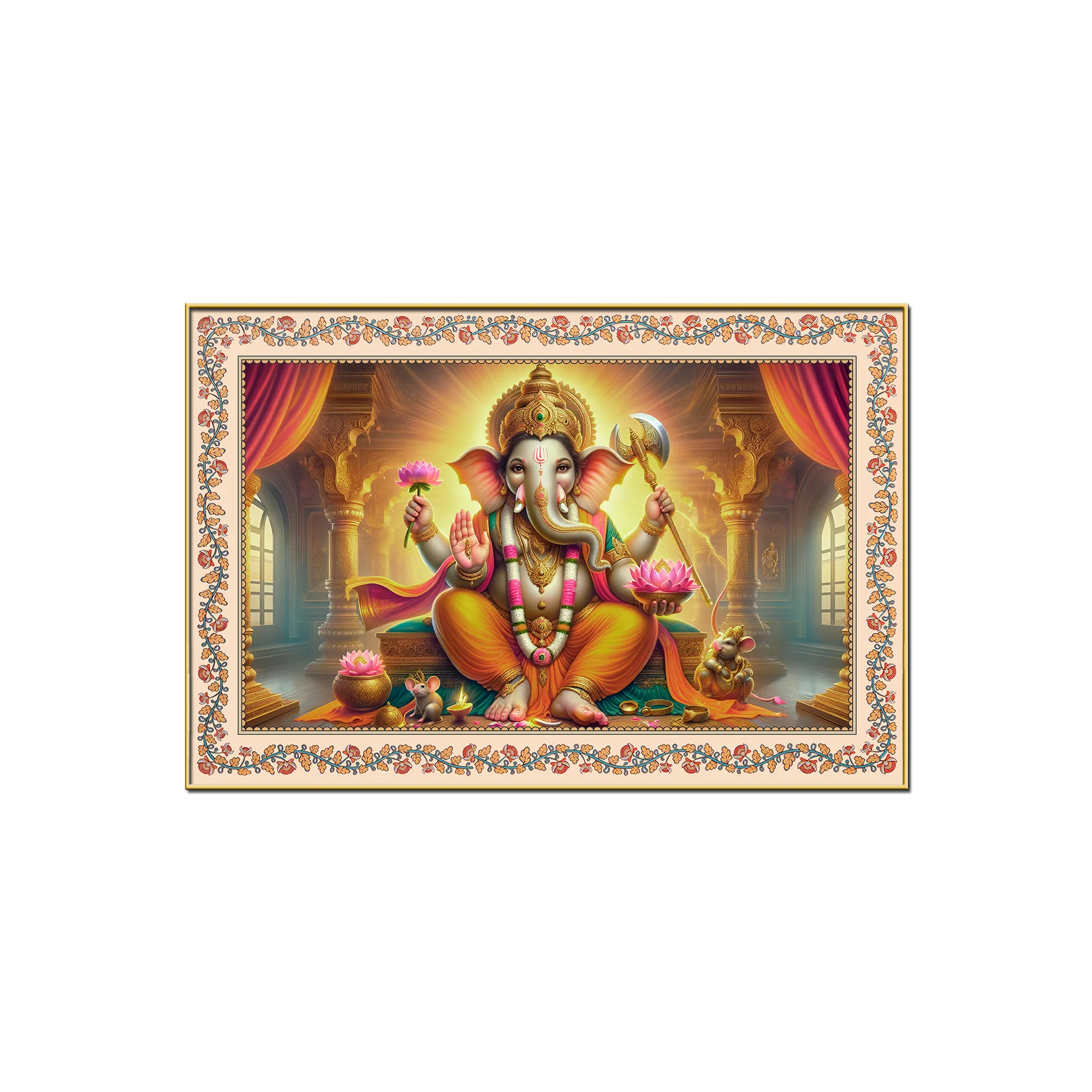 Lord Ganesha Seated on Throne Floral Border Wall Painting - Image 4