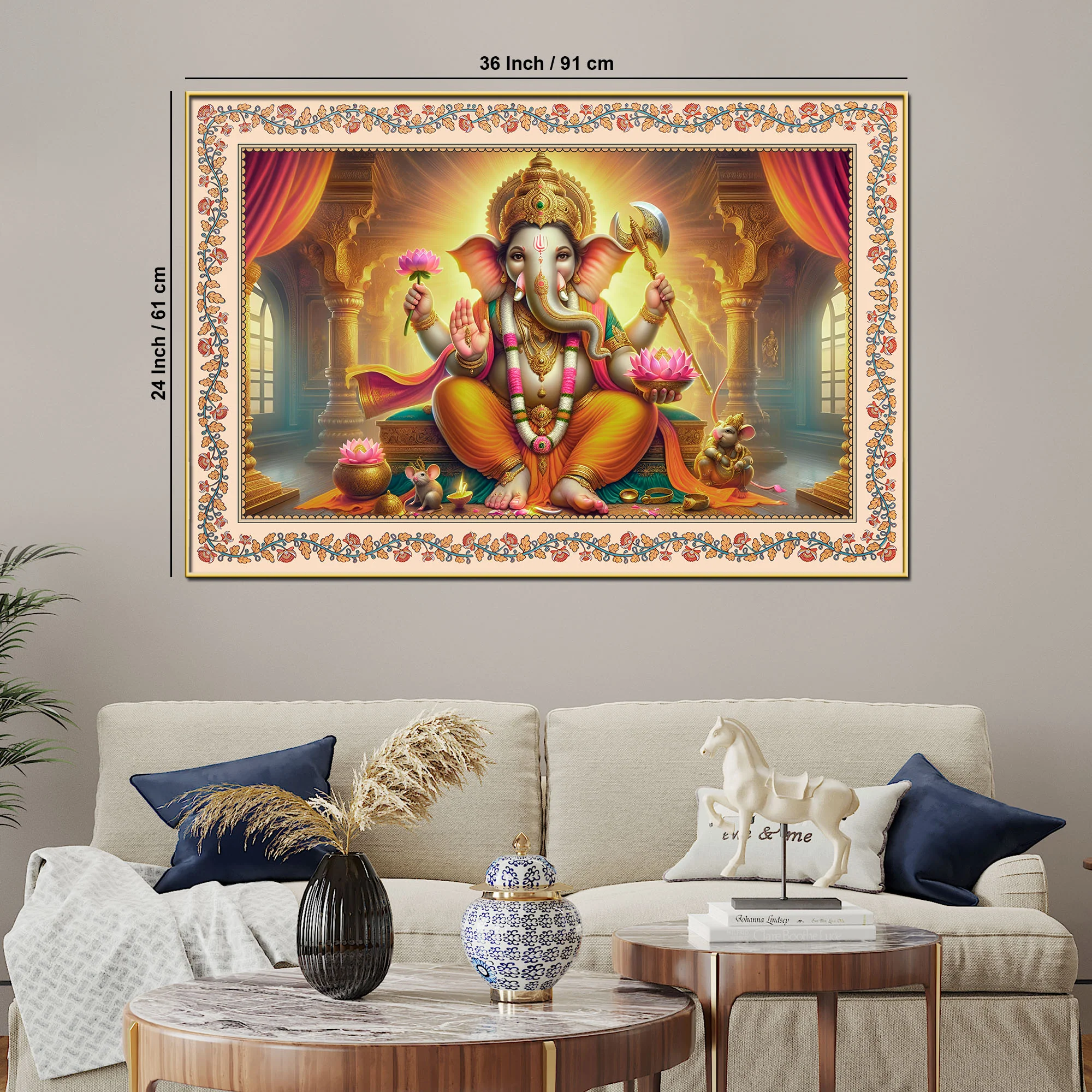 Lord Ganesha Seated on Throne Floral Border Wall Painting - Image 6