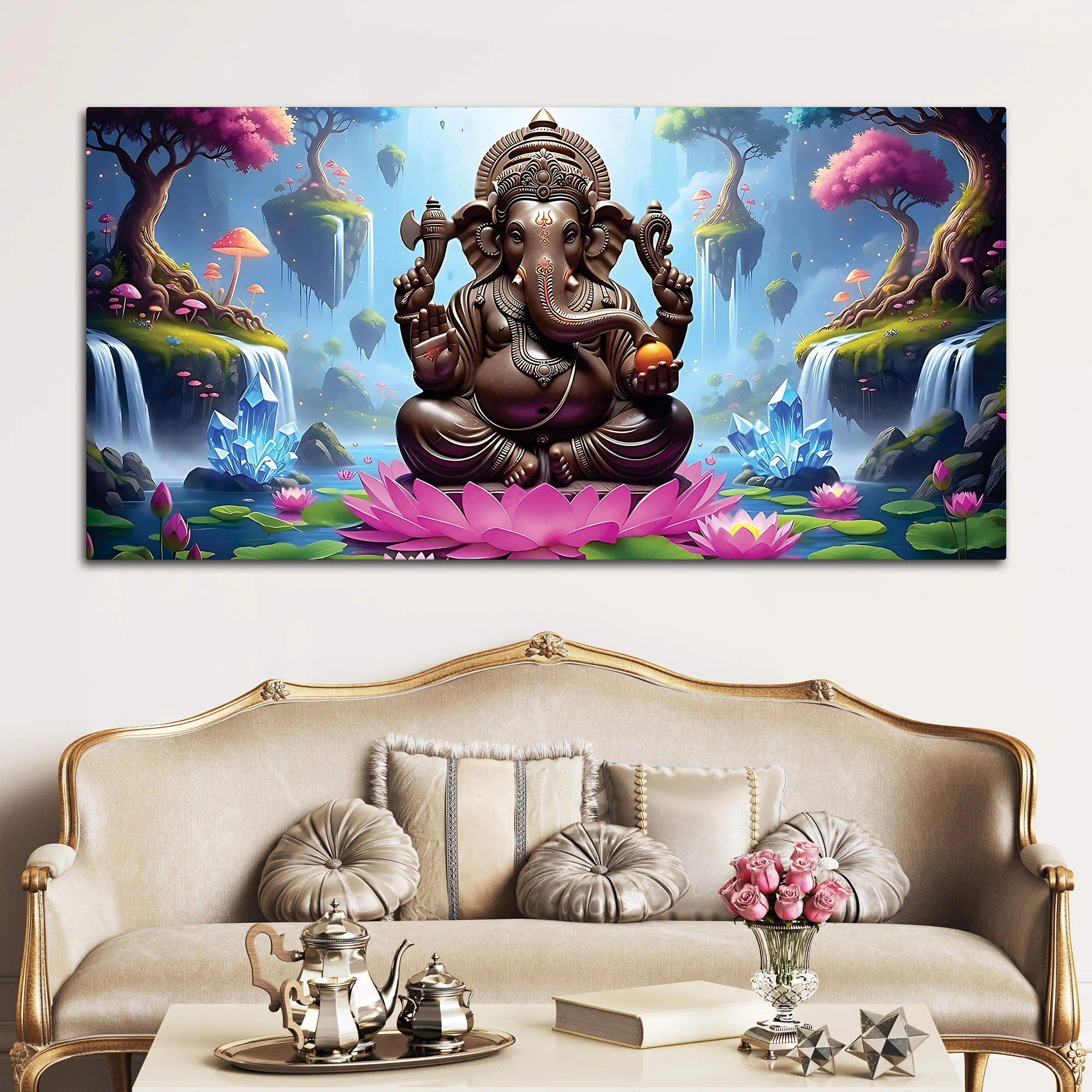 Lord Ganesha Sitting On Lotus in Beautiful Nature Canvas Wall Painting For Home & Pooja Spaces – Modern Spiritual Wall Art - Image 2