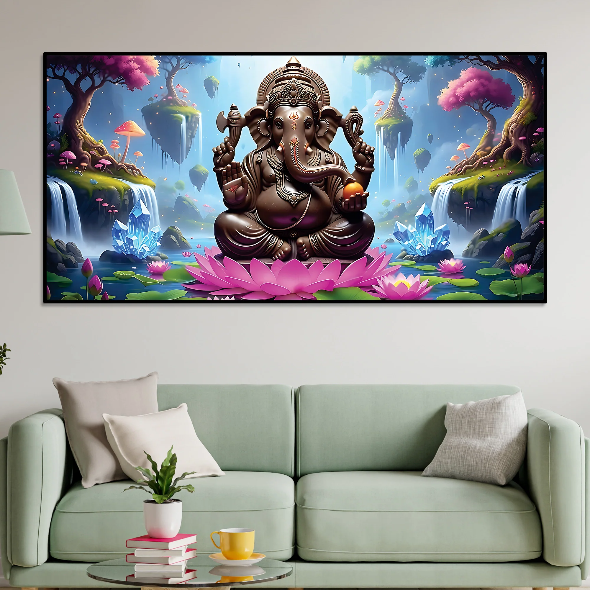 Lord Ganesha Sitting On Lotus in Beautiful Nature Canvas Wall Painting For Home & Pooja Spaces – Modern Spiritual Wall Art - Image 3