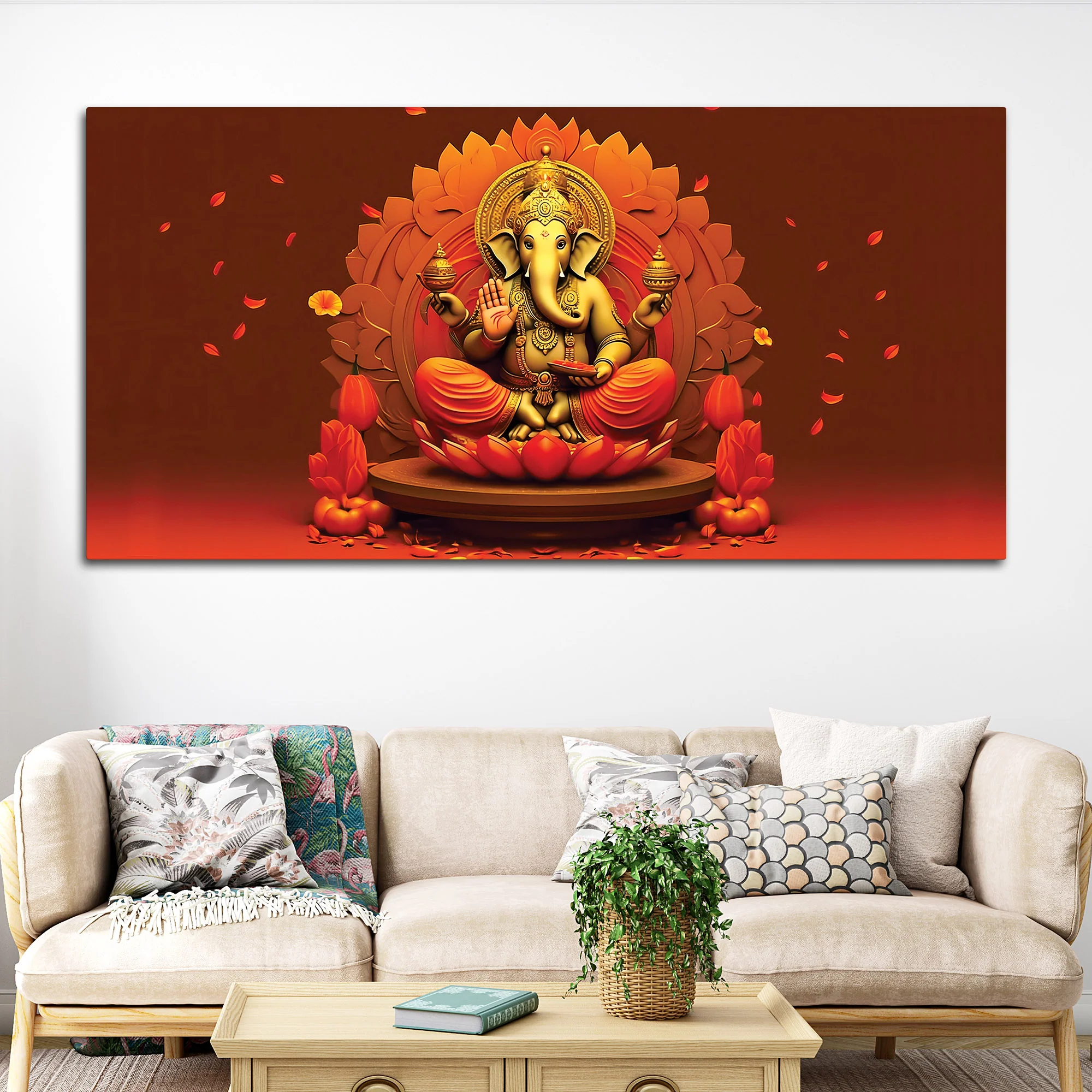 Lord Ganesha Sitting On Sacred Lotus Throne in Padmasana Premium Canvas Wall Painting for Home & Pooja Spaces – Modern Spiritual Wall Decor - Image 2