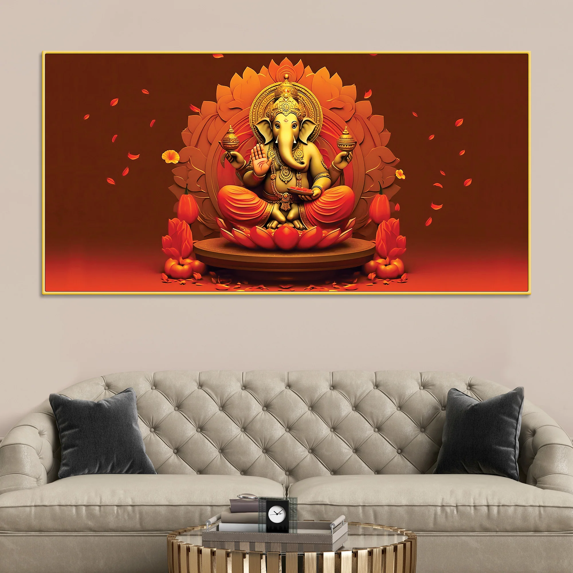 Lord Ganesha Sitting On Sacred Lotus Throne in Padmasana Premium Canvas Wall Painting for Home & Pooja Spaces – Modern Spiritual Wall Decor - Image 3