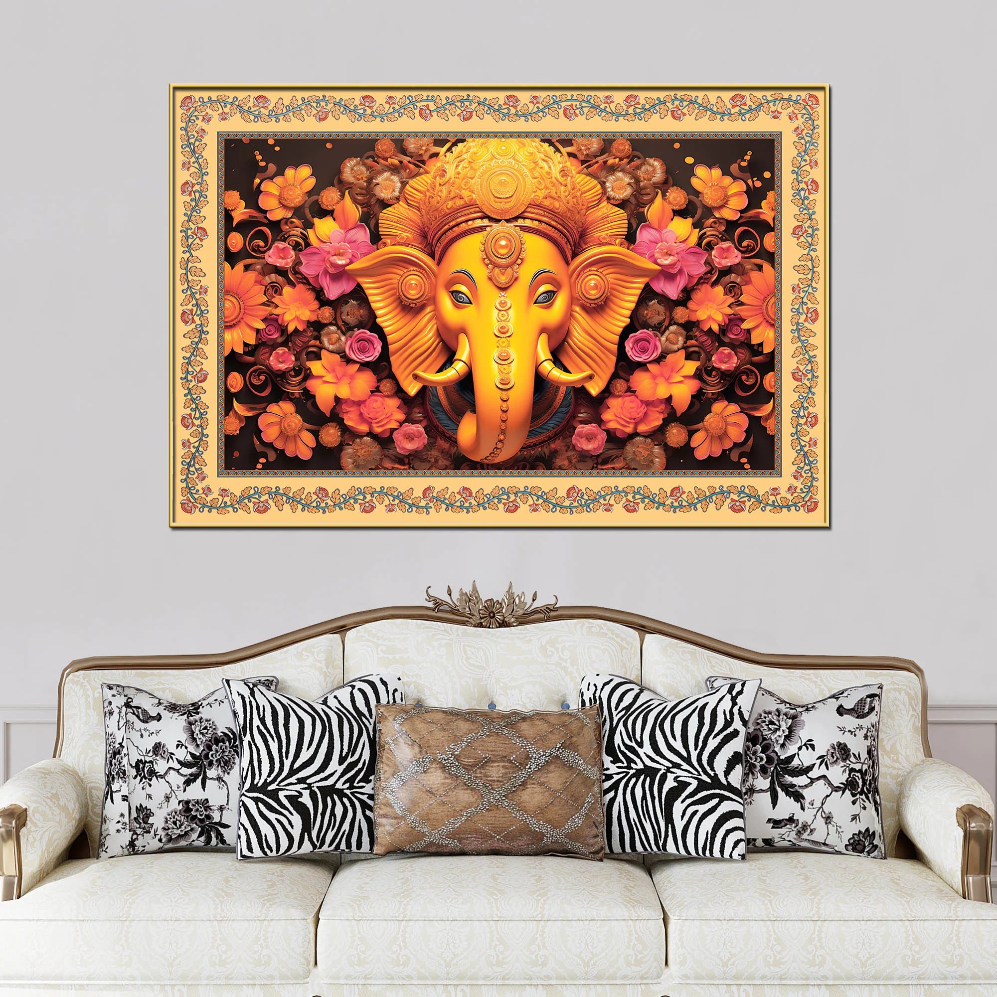 Lord Ganesha with Beautiful Flowers Border Canvas Wall Painting - Image 2